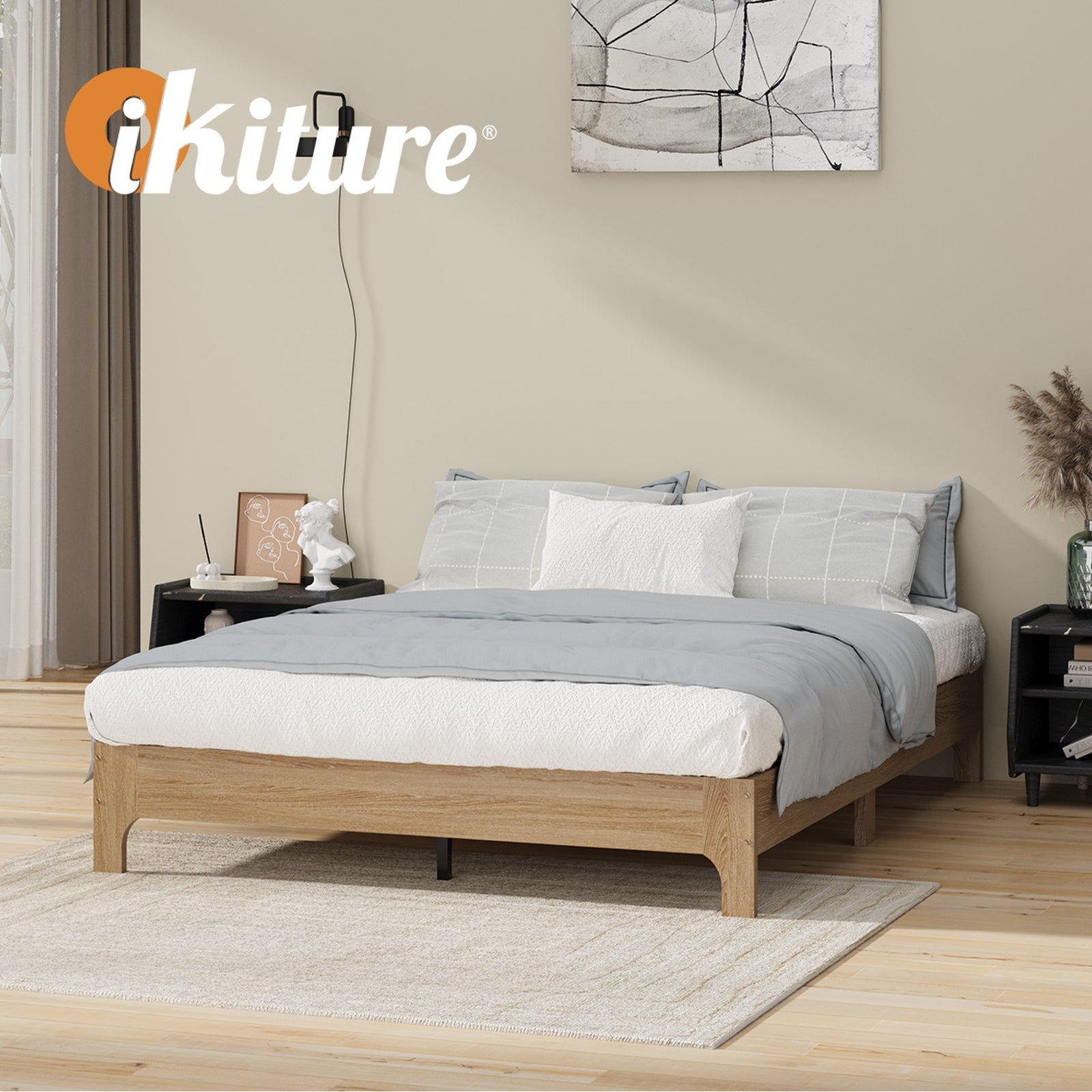 Oikiture Bed Frame Double Size Wooden Mattress Base Platform Beds Natural