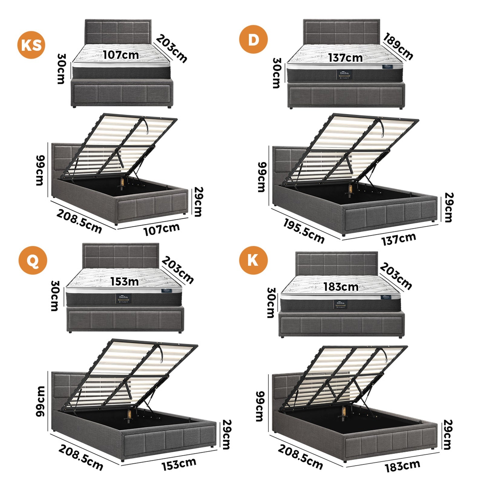 Oikiture Bed Frame Queen Double King Single Gas Lift with Mattress Set BOSS - Sunyee