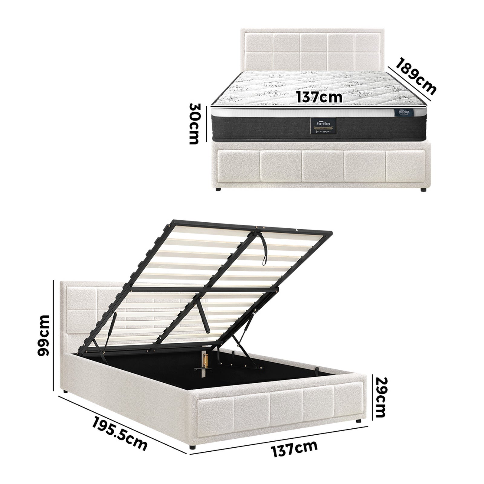 Oikiture Bed Frame Double Size Gas Lift Storage With Mattress Set White BOSS - Sunyee