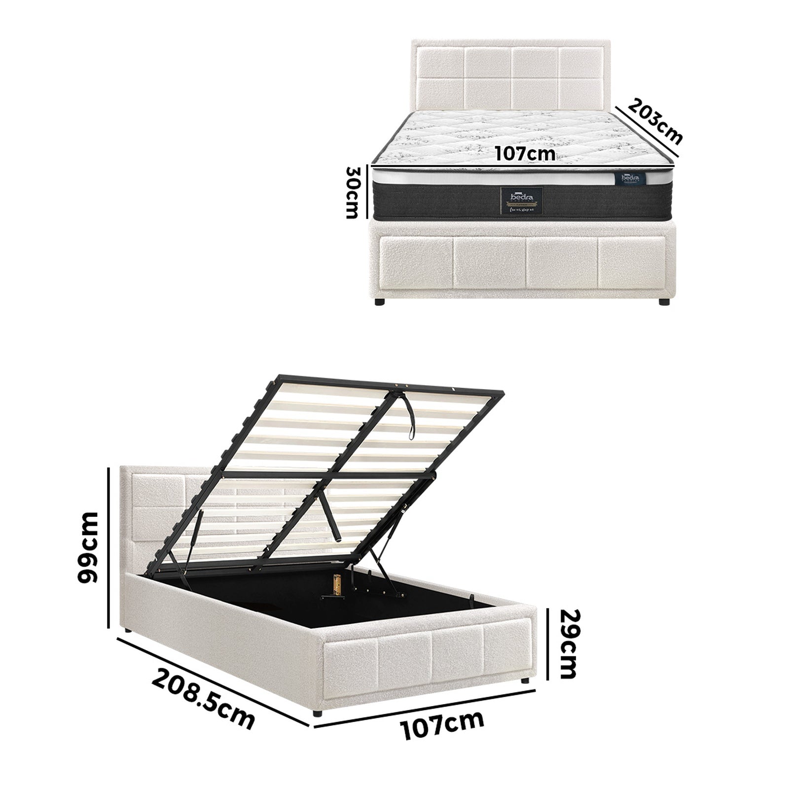 Oikiture Bed Frame King Single Size Gas Lift Storage With Mattress Set White - Sunyee