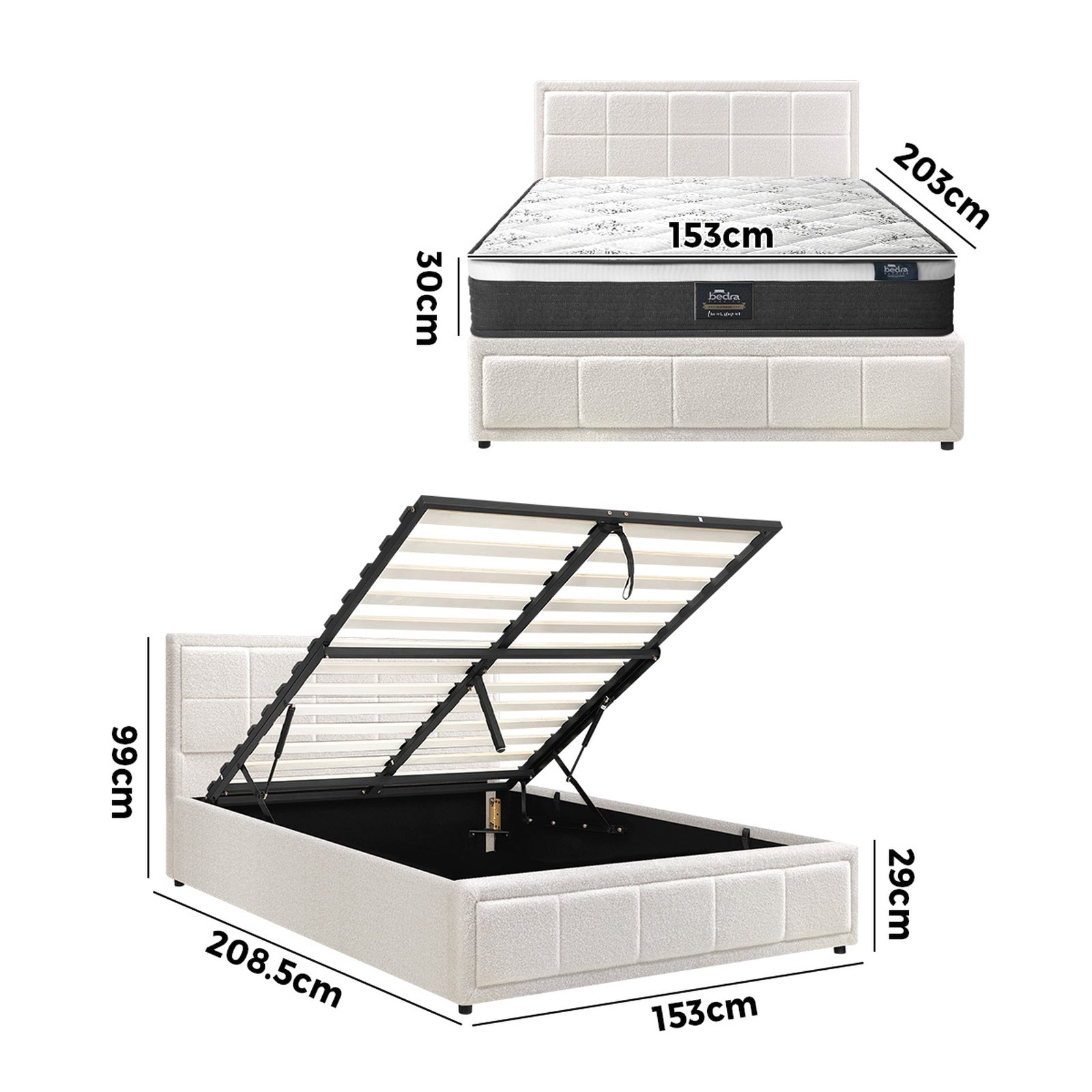 Oikiture Bed Frame Queen Size Gas Lift Storage With Mattress Set White BOSS - Sunyee