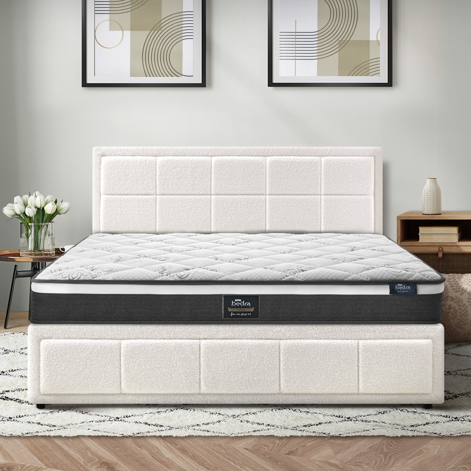 Oikiture Bed Frame Queen Double King Single Gas Lift with Mattress Set White BOS - Sunyee