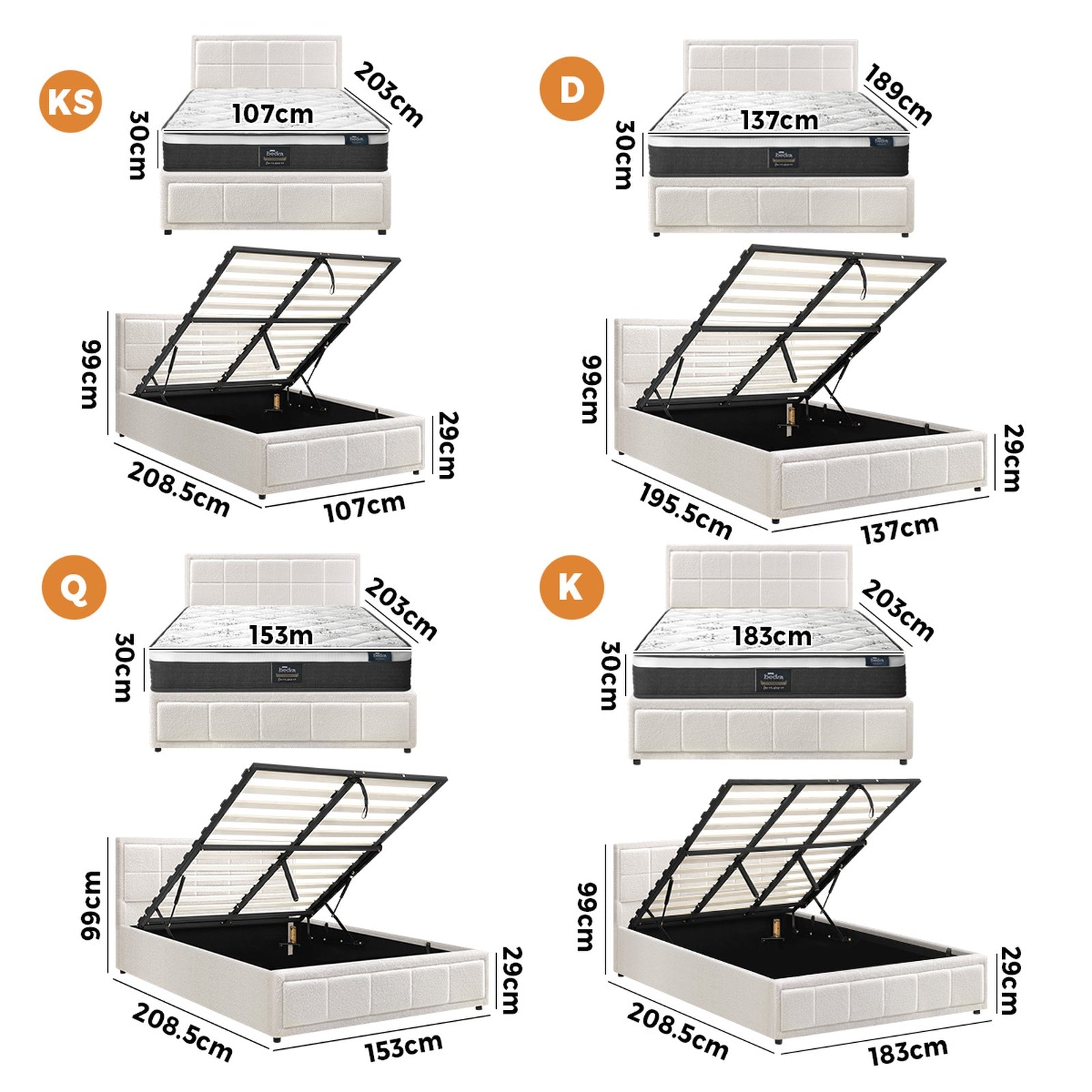 Oikiture Bed Frame Queen Double King Single Gas Lift with Mattress Set White BOS - Sunyee