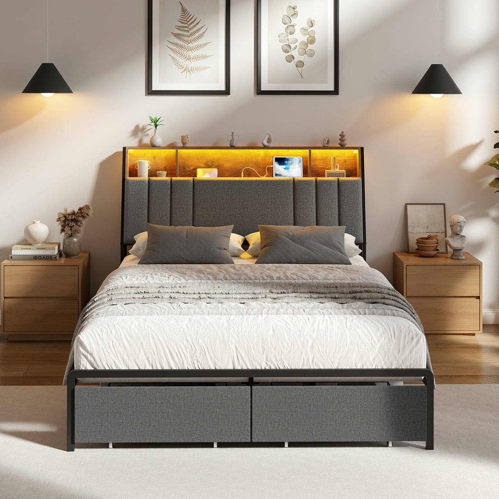 Oikiture Bed Frame Double Size W/ LED Storage Bedhead Drawer & Charging Station