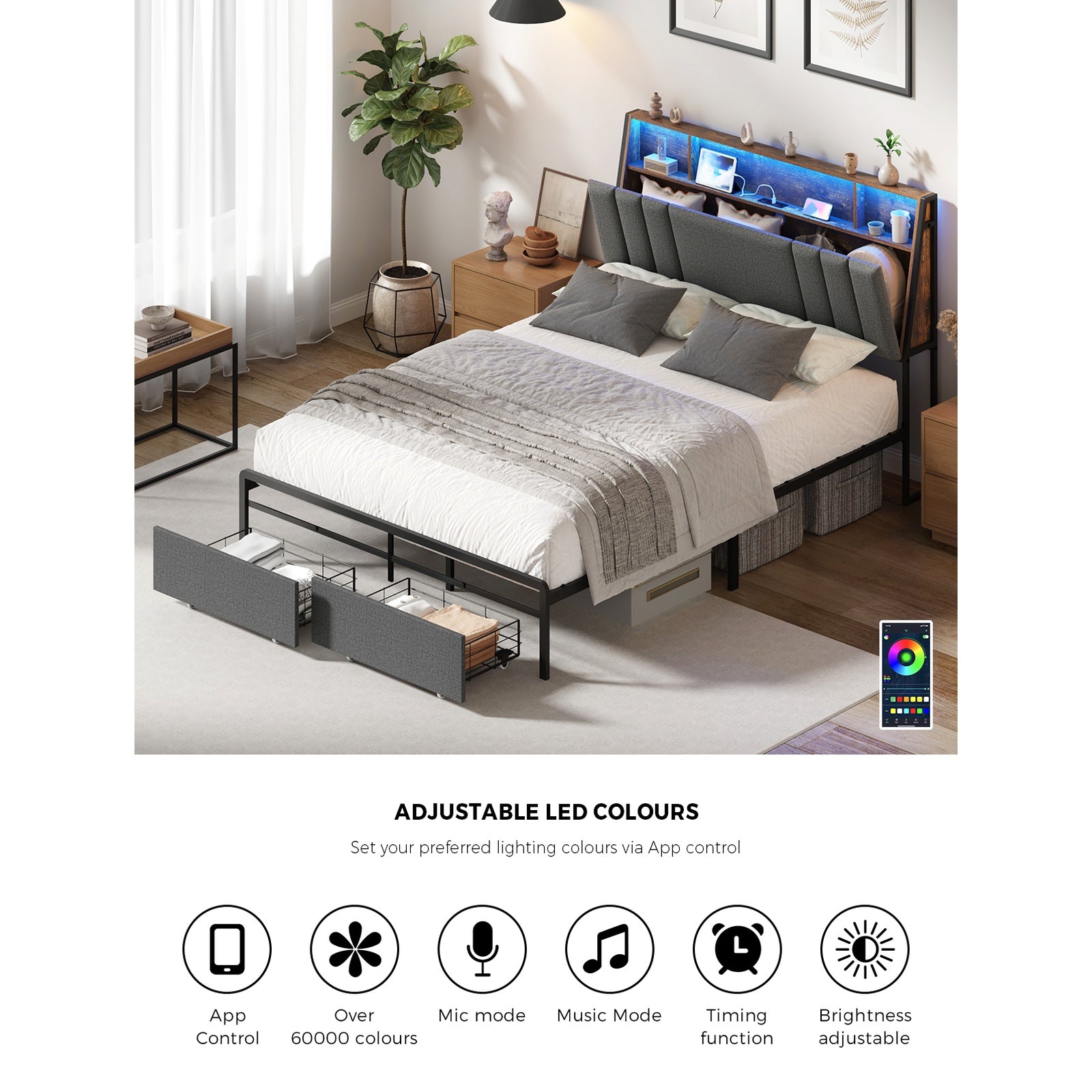 Oikiture Bed Frame Double Size W/ LED Storage Bedhead Drawer & Charging Station