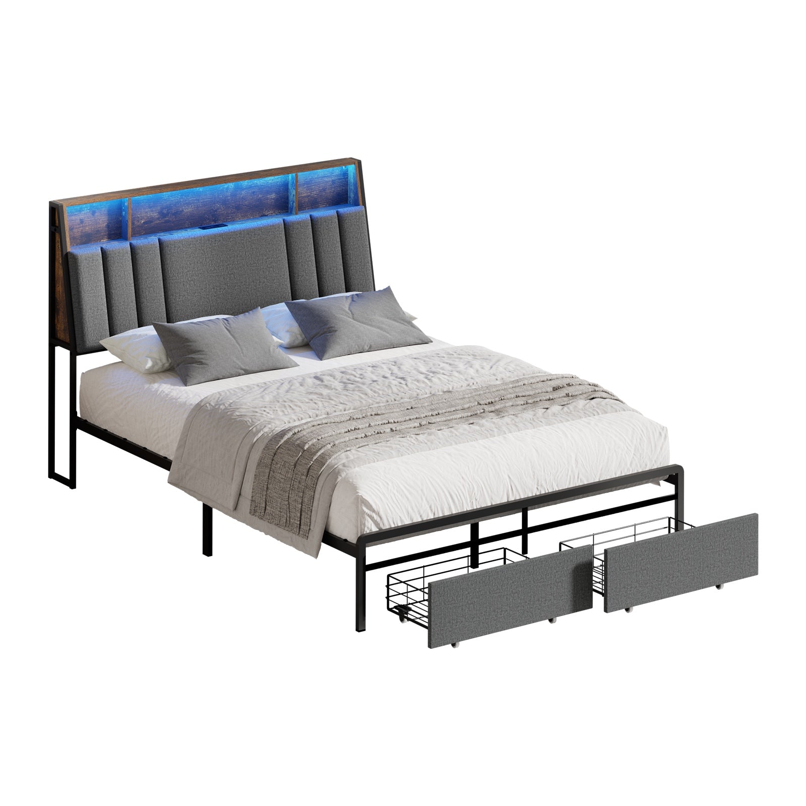 Oikiture Bed Frame Double Size W/ LED Storage Bedhead Drawer & Charging Station