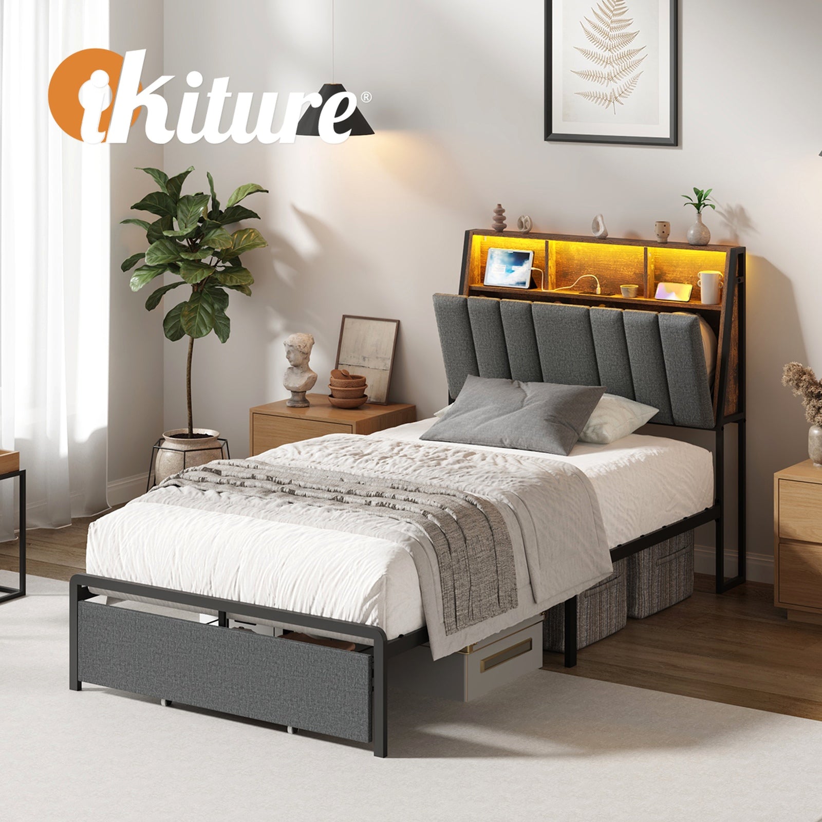 Oikiture Bed Frame King Single W/ LED Storage Bedhead Drawer & Charging Station