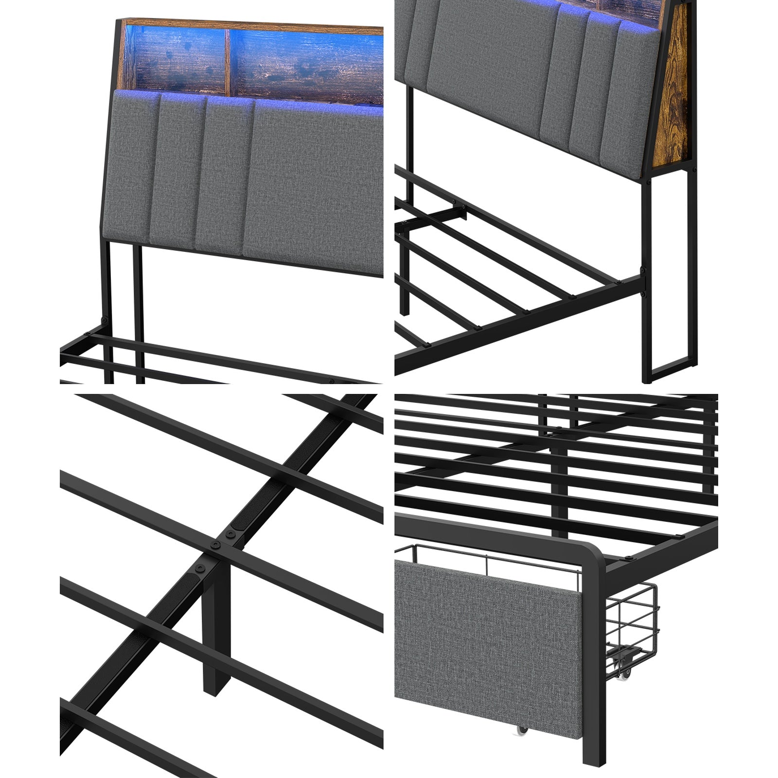 Oikiture Bed Frame Queen Bed With LED Storage Bedhead Drawer & Charging Station