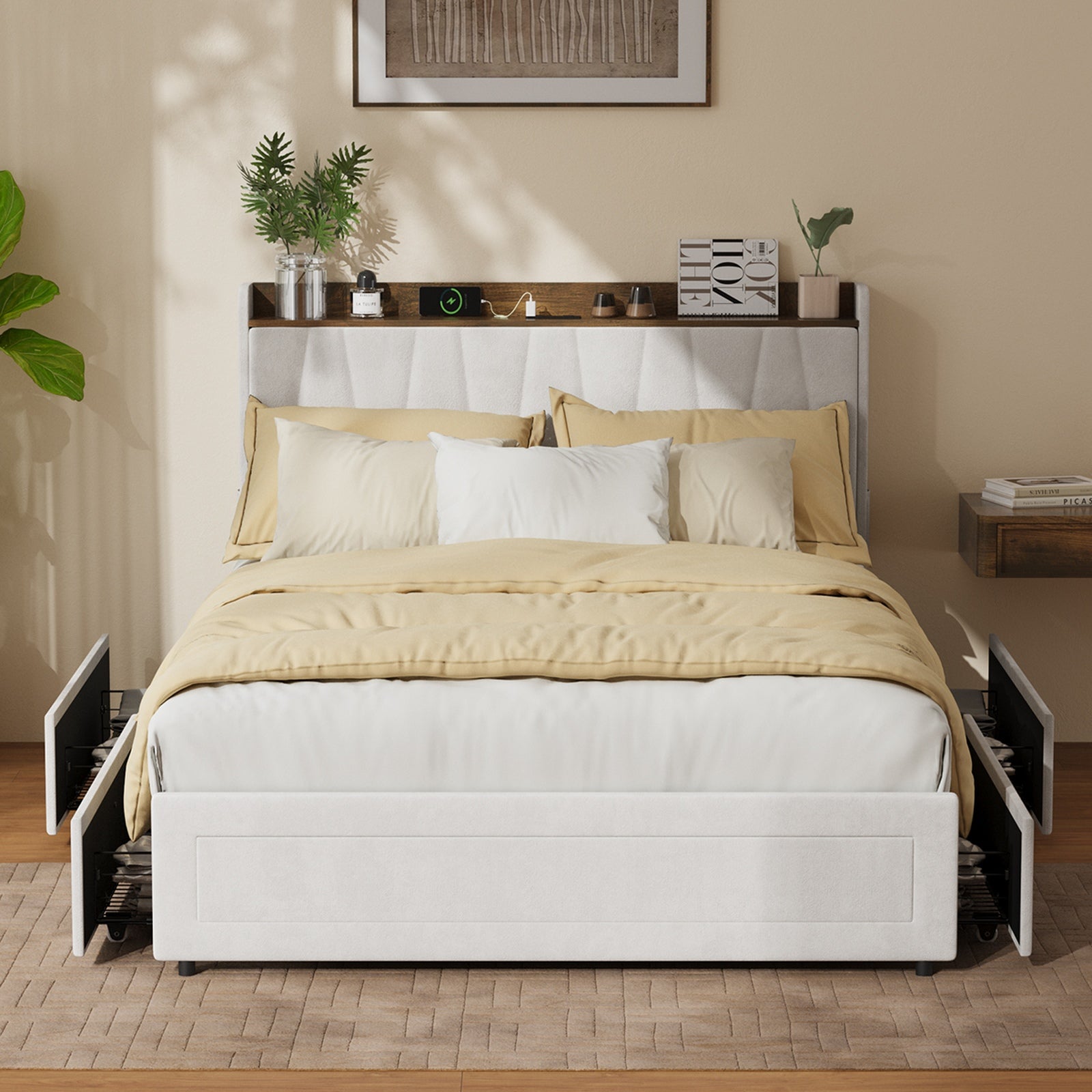 Oikiture Bed Frame Double Size with 4 Drawers Charging Station USB Ports Beige