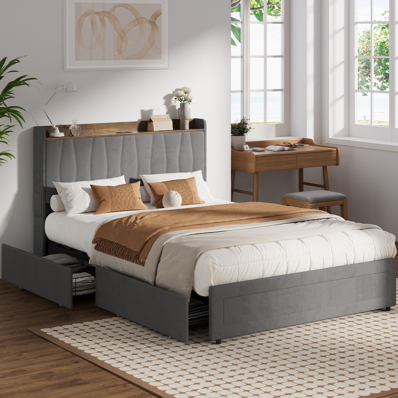 Oikiture Bed Frame Double Size with 4 Drawers Charging Station USB Ports Grey