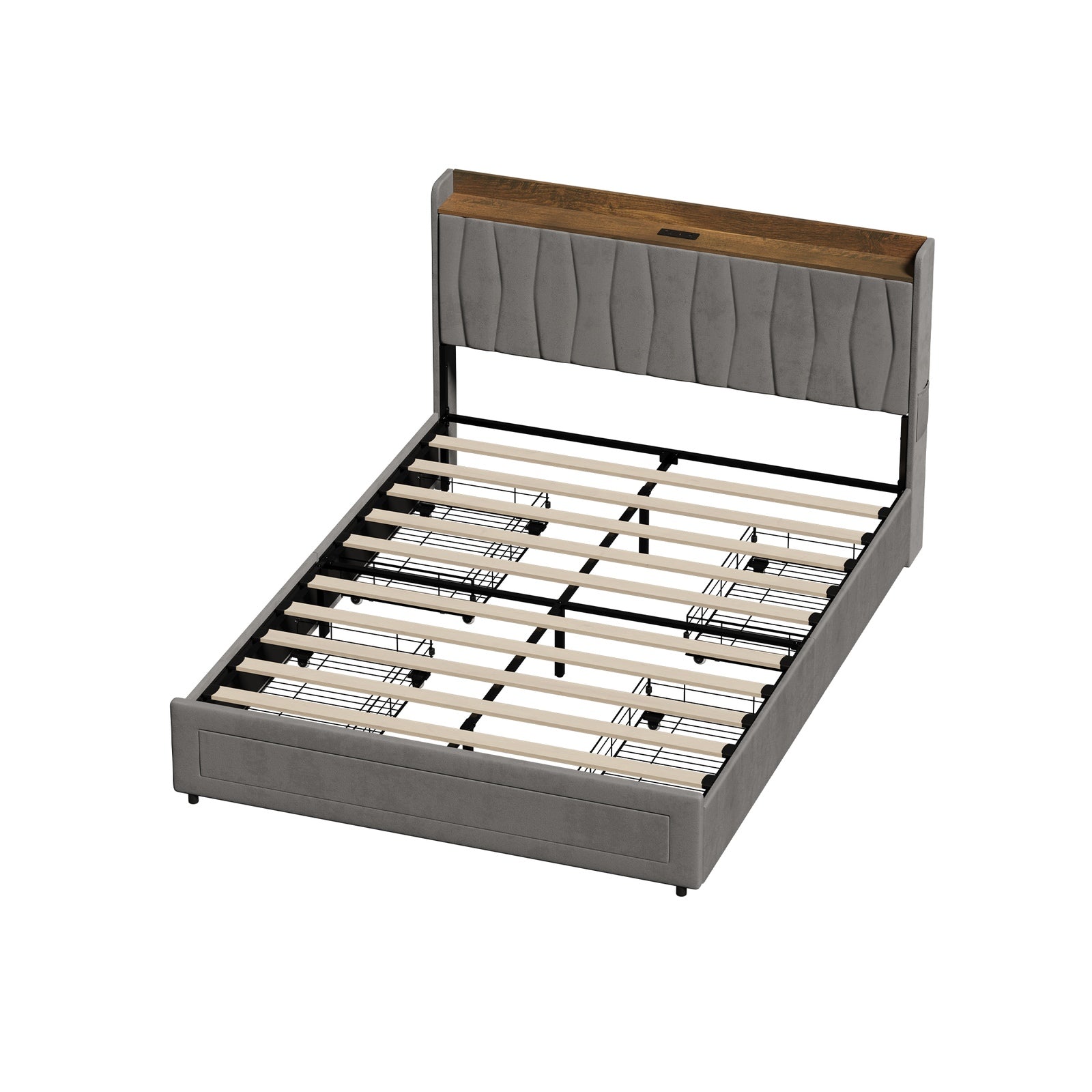 Oikiture Bed Frame Double Size with 4 Drawers Charging Station USB Ports Grey