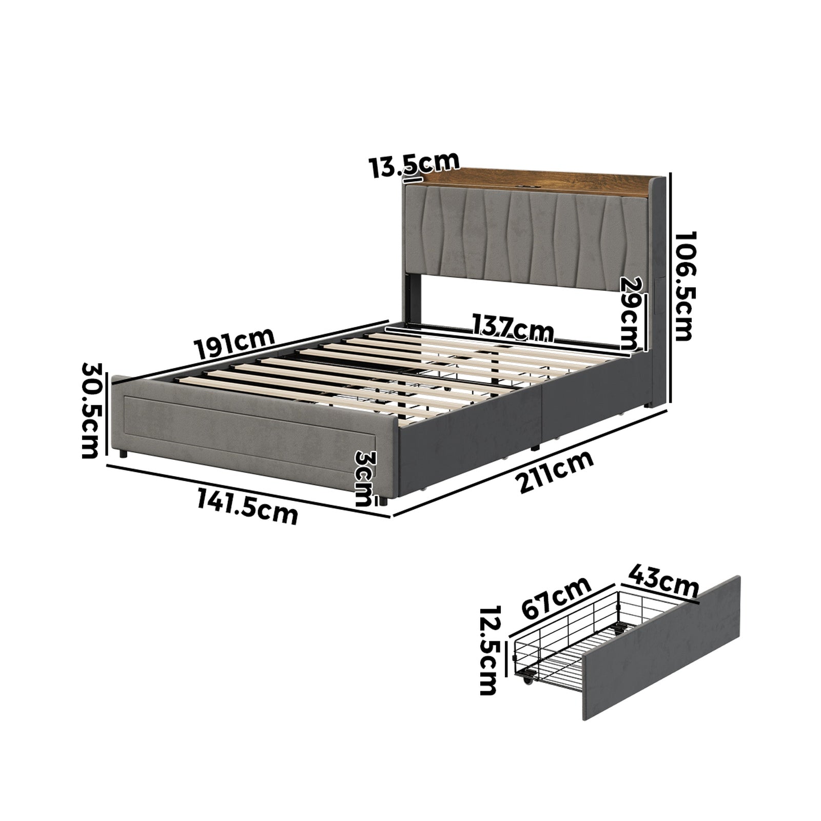 Oikiture Bed Frame Double Size with 4 Drawers Charging Station USB Ports Grey