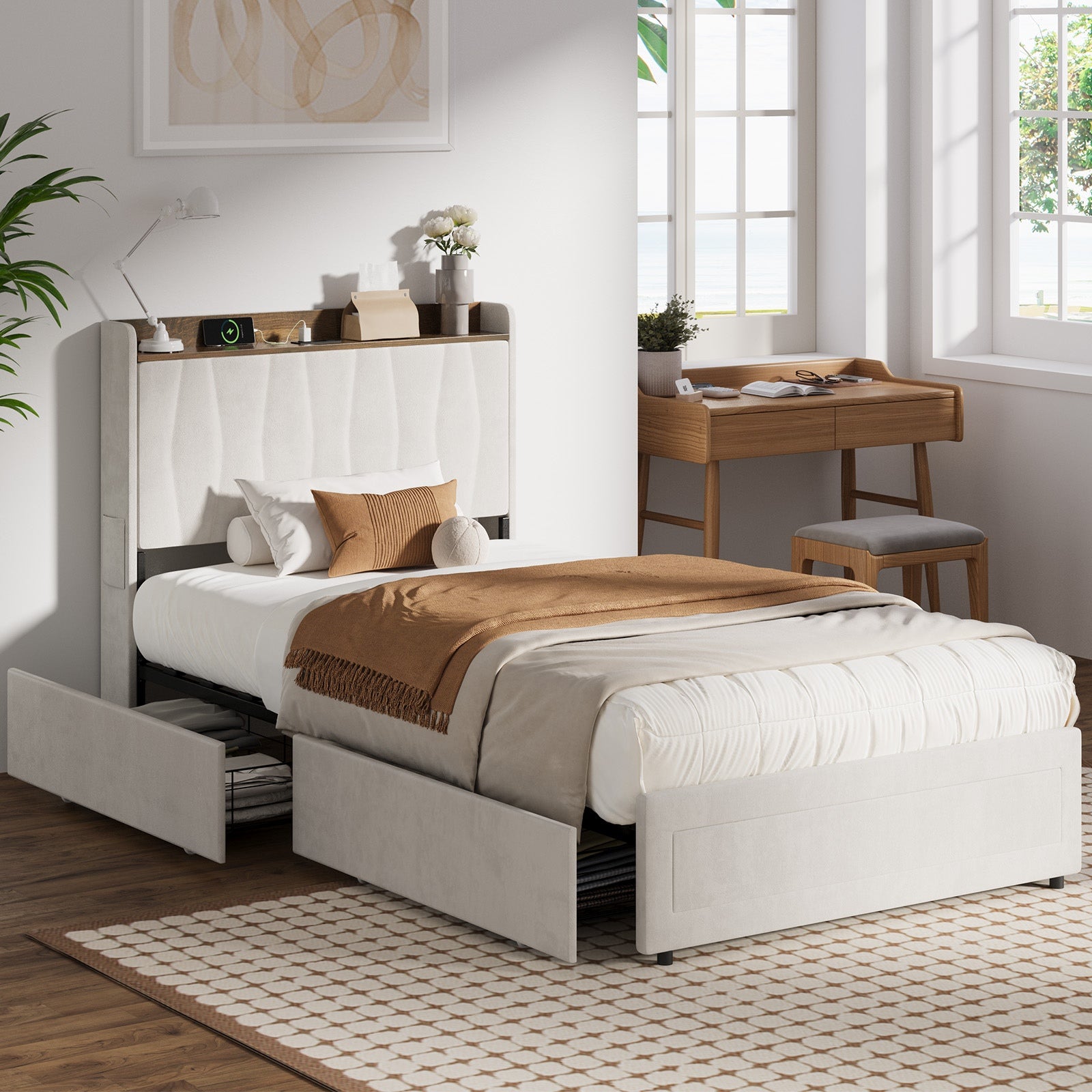 Oikiture Bed Frame King Single Size with 4 Drawers Charging Station USB Beige