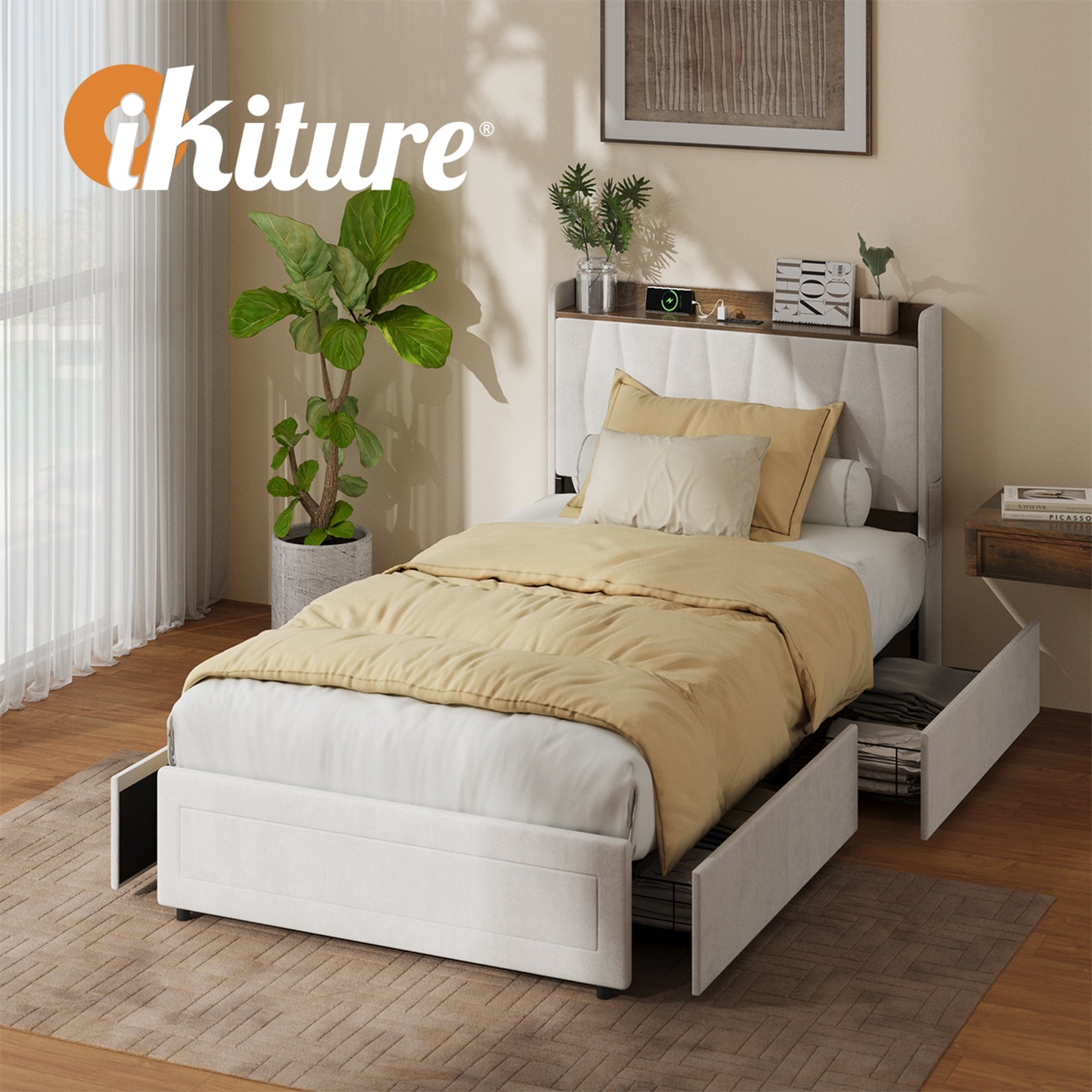 Oikiture Bed Frame King Single Size with 4 Drawers Charging Station USB Beige