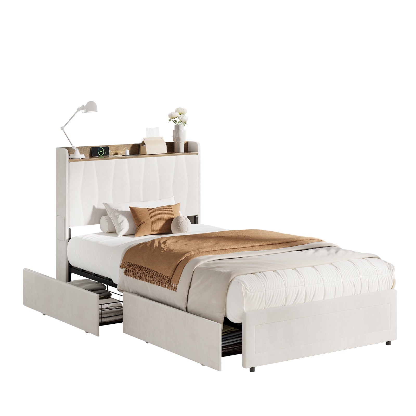 Oikiture Bed Frame King Single Size with 4 Drawers Charging Station USB Beige