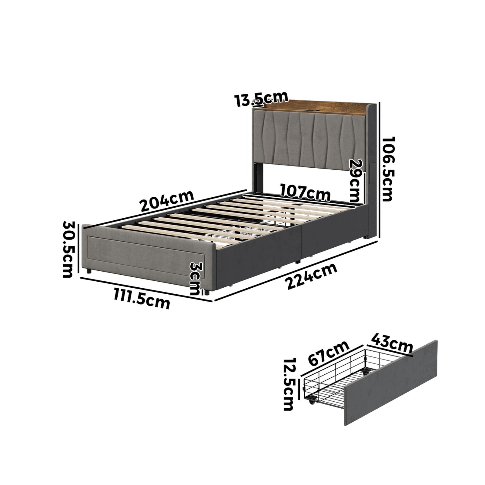 Oikiture Bed Frame King Single Size with 4 Drawers Charging Station USB Grey