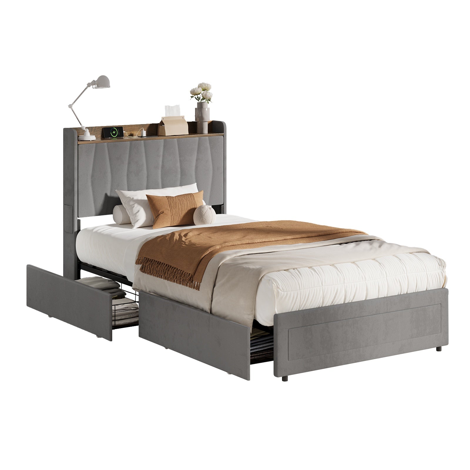 Oikiture Bed Frame King Single Size with 4 Drawers Charging Station USB Grey