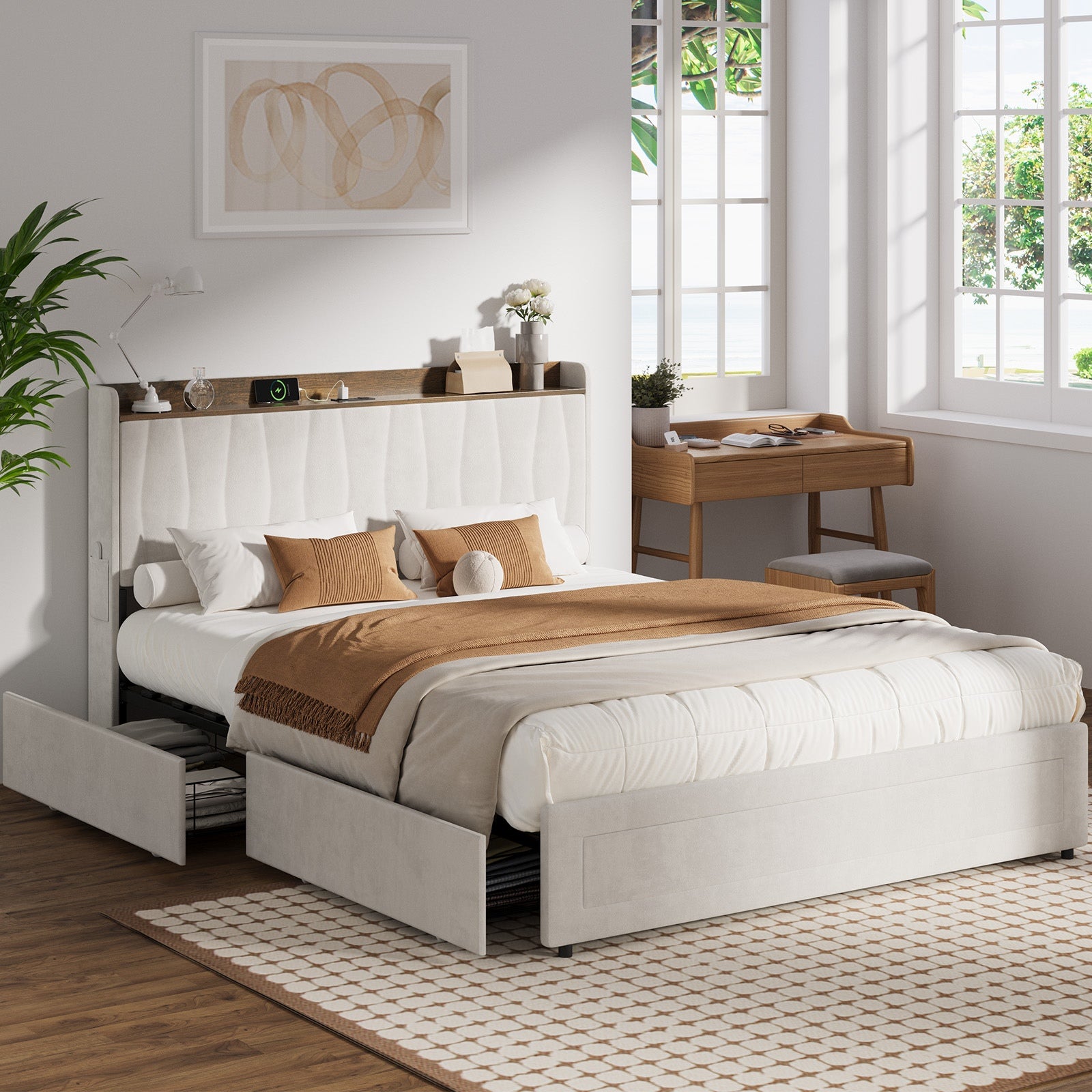 Oikiture Bed Frame Queen Size with 4 Drawers Charging Station USB Ports Beige