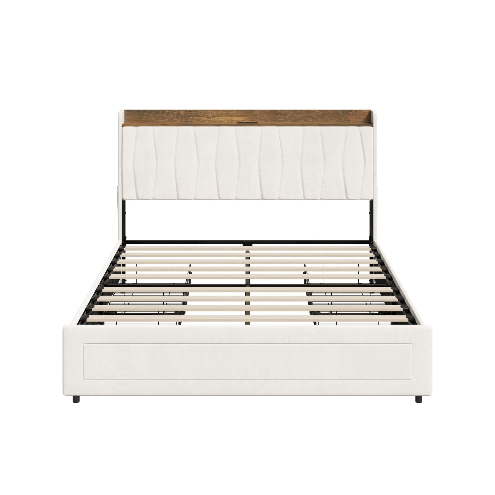 Oikiture Bed Frame Queen Size with 4 Drawers Charging Station USB Ports Beige
