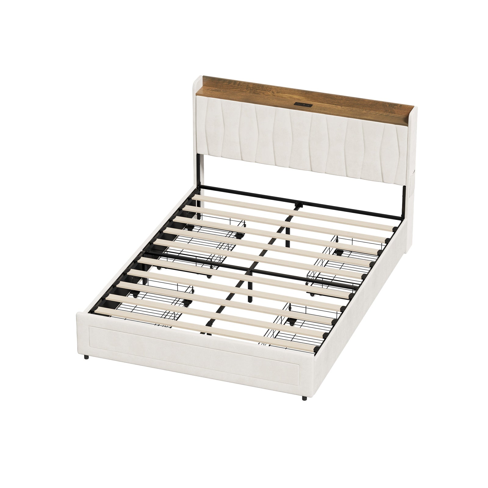 Oikiture Bed Frame Queen Size with 4 Drawers Charging Station USB Ports Beige