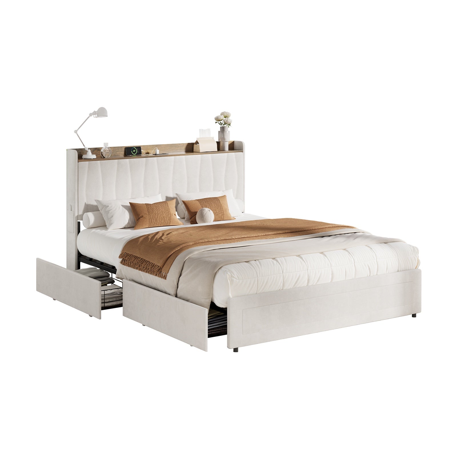 Oikiture Bed Frame Queen Size with 4 Drawers Charging Station USB Ports Beige