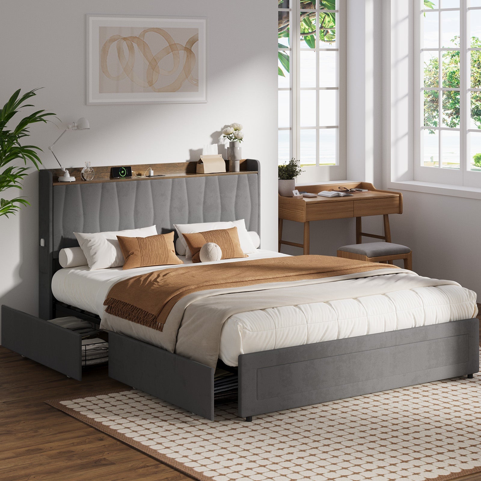 Oikiture Bed Frame Queen Size with 4 Drawers Charging Station USB Ports Grey