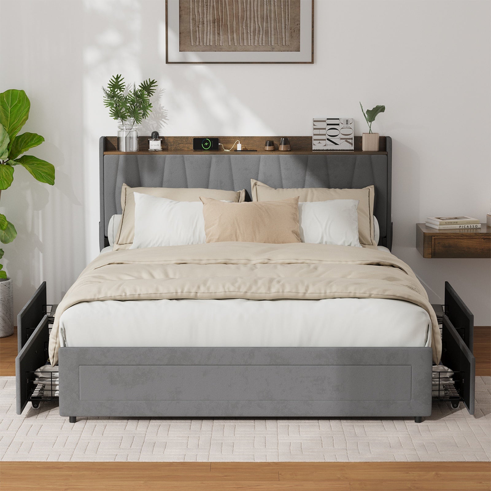 Oikiture Bed Frame Queen Size with 4 Drawers Charging Station USB Ports Grey