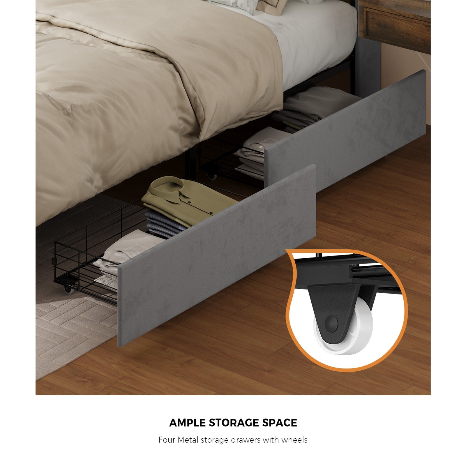 Oikiture Bed Frame Queen Size with 4 Drawers Charging Station USB Ports Grey