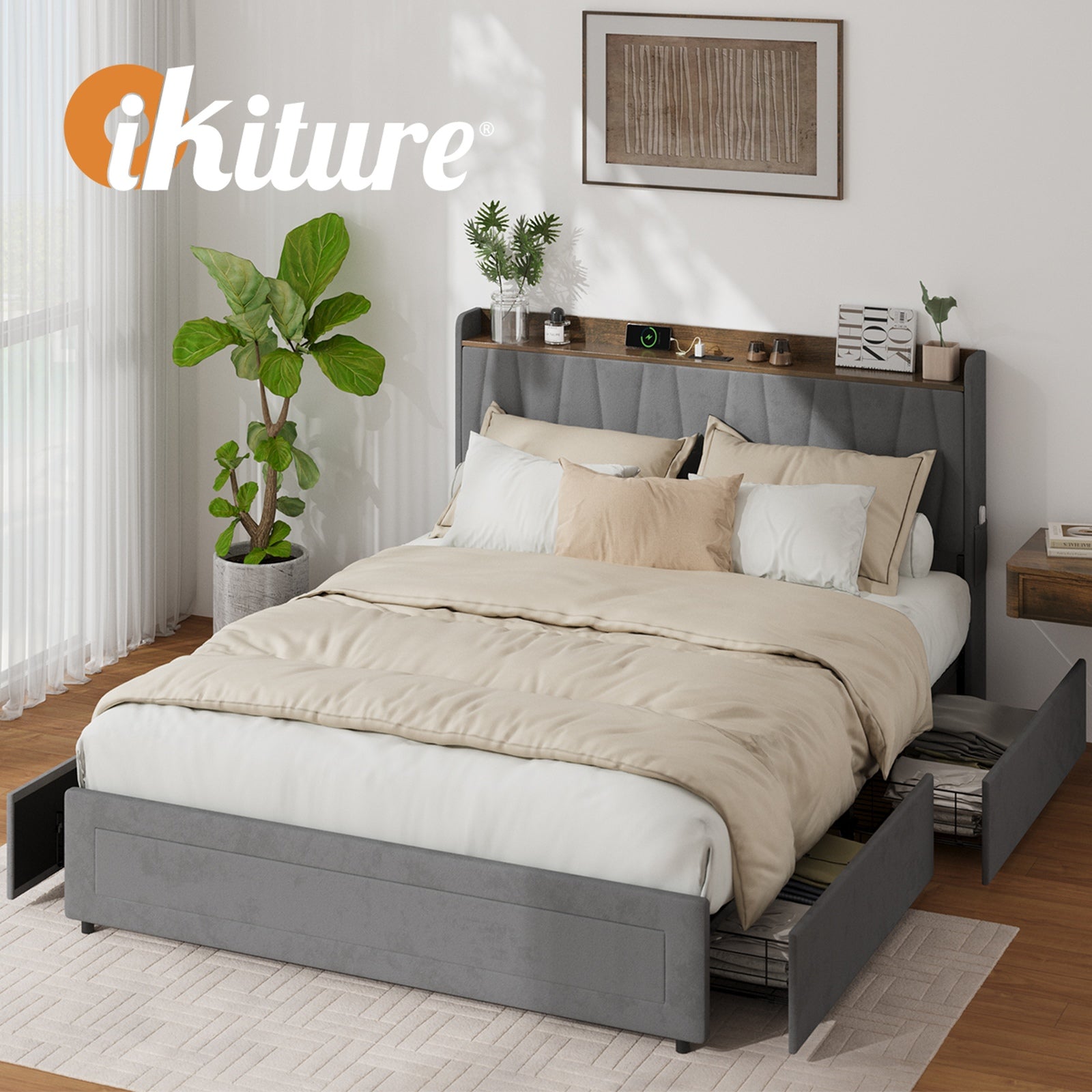 Oikiture Bed Frame Queen Size with 4 Drawers Charging Station USB Ports Grey