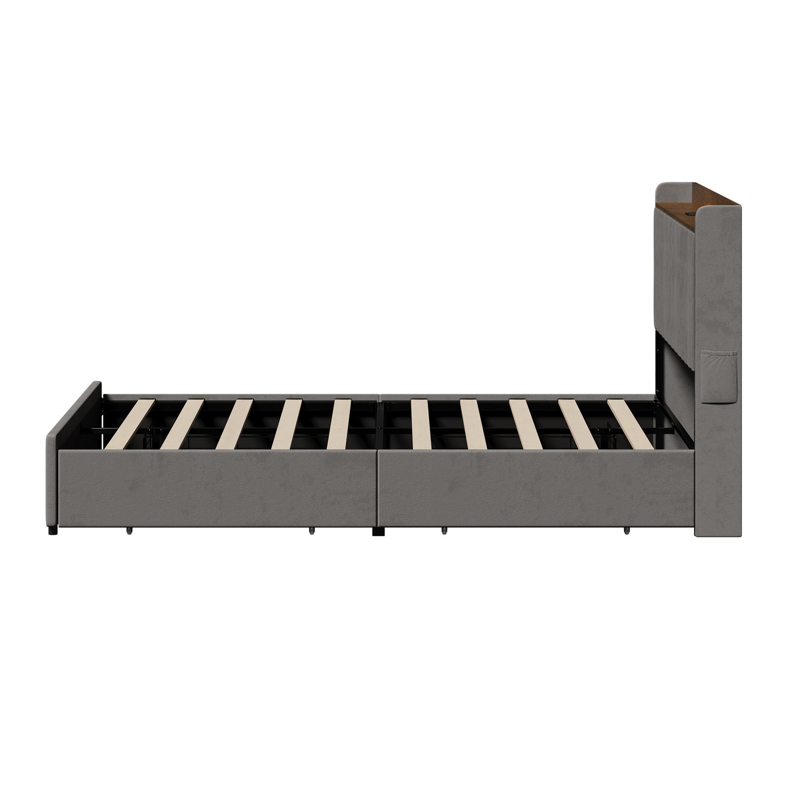Oikiture Bed Frame Queen Size with 4 Drawers Charging Station USB Ports Grey