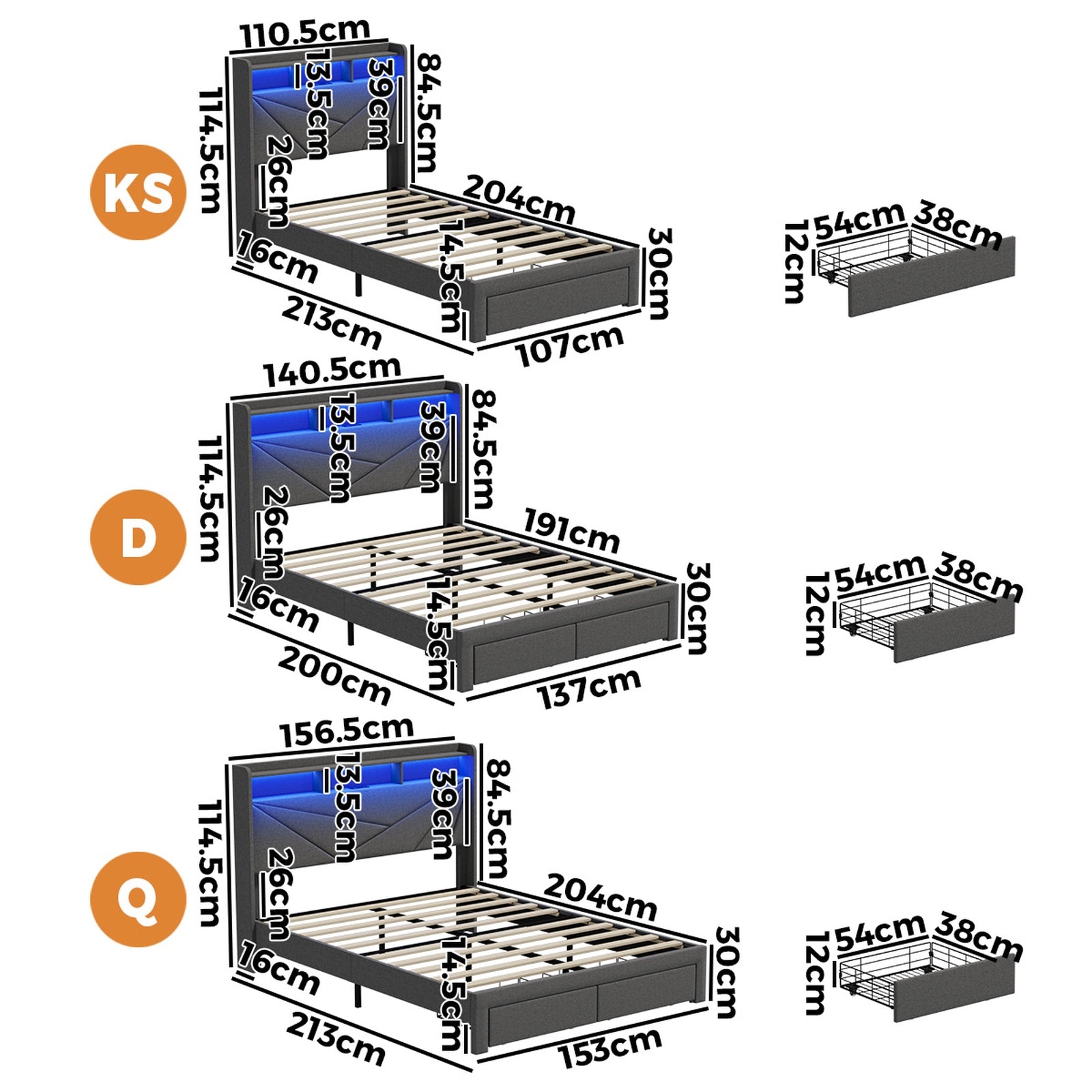 Oikiture Bed Frame Queen Double King Single Size W/ LED Headboard Charging Port