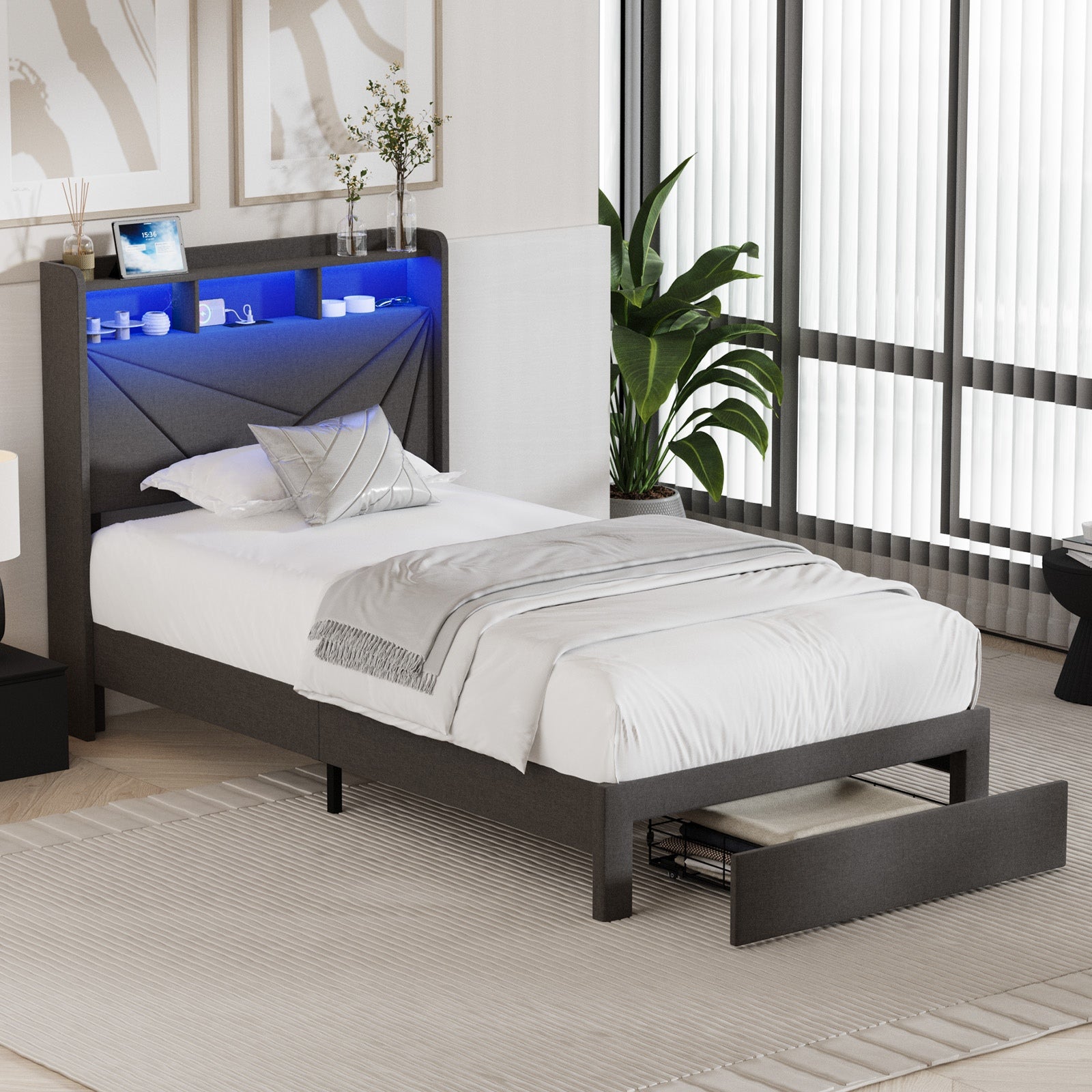 Oikiture Bed Frame Queen Double King Single Size W/ LED Headboard Charging Port
