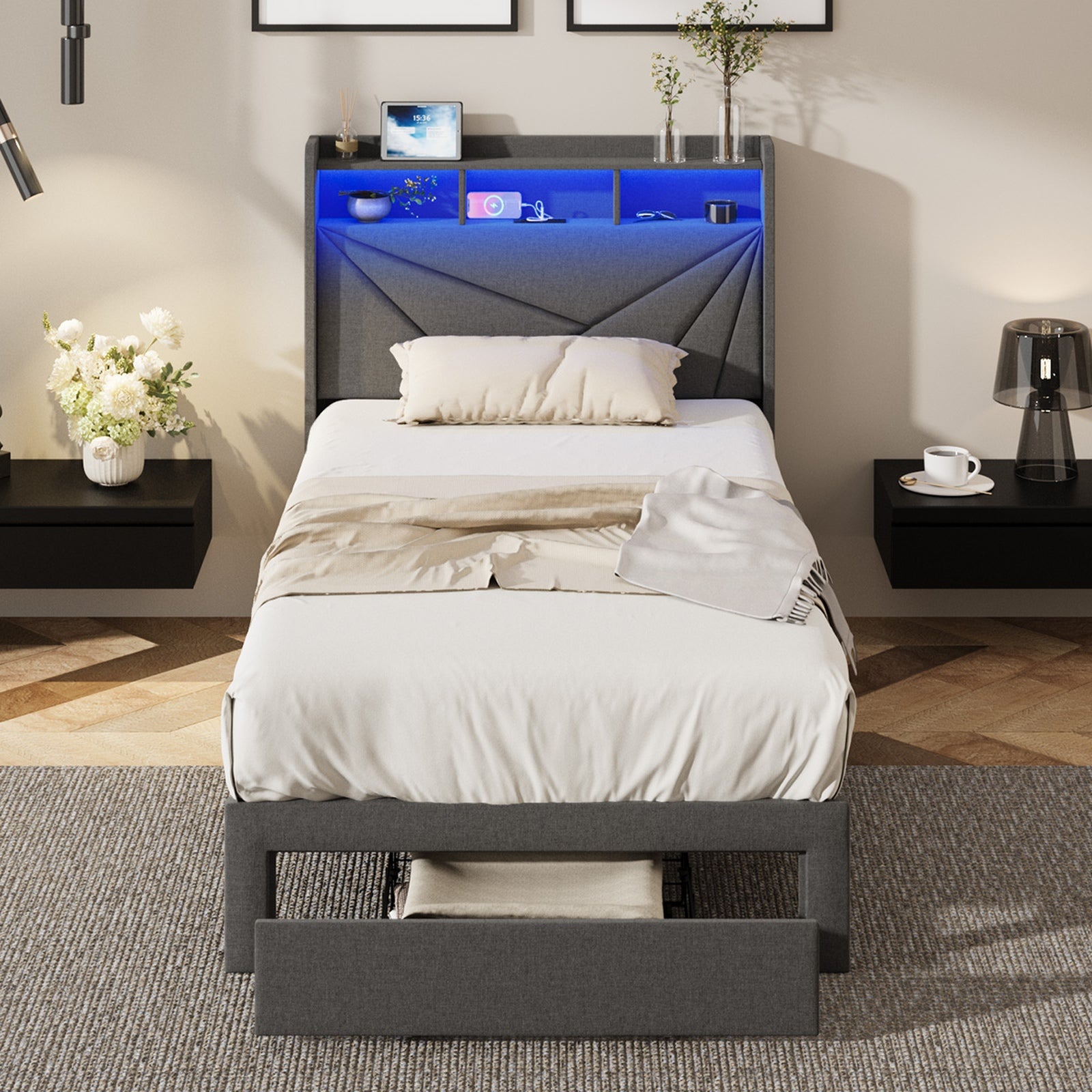 Oikiture Bed Frame King Sinlge LED Storge Headboard With USB Charging & Drawers