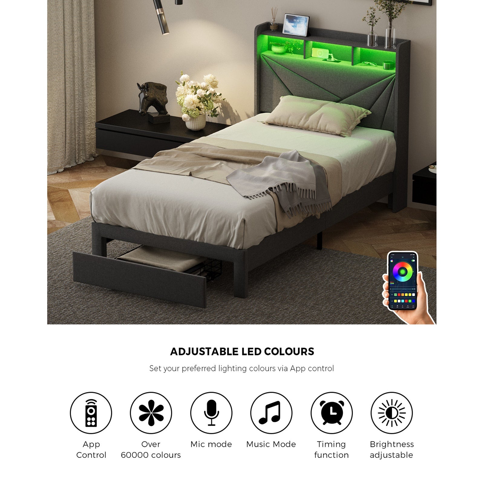 Oikiture Bed Frame King Sinlge LED Storge Headboard With USB Charging & Drawers