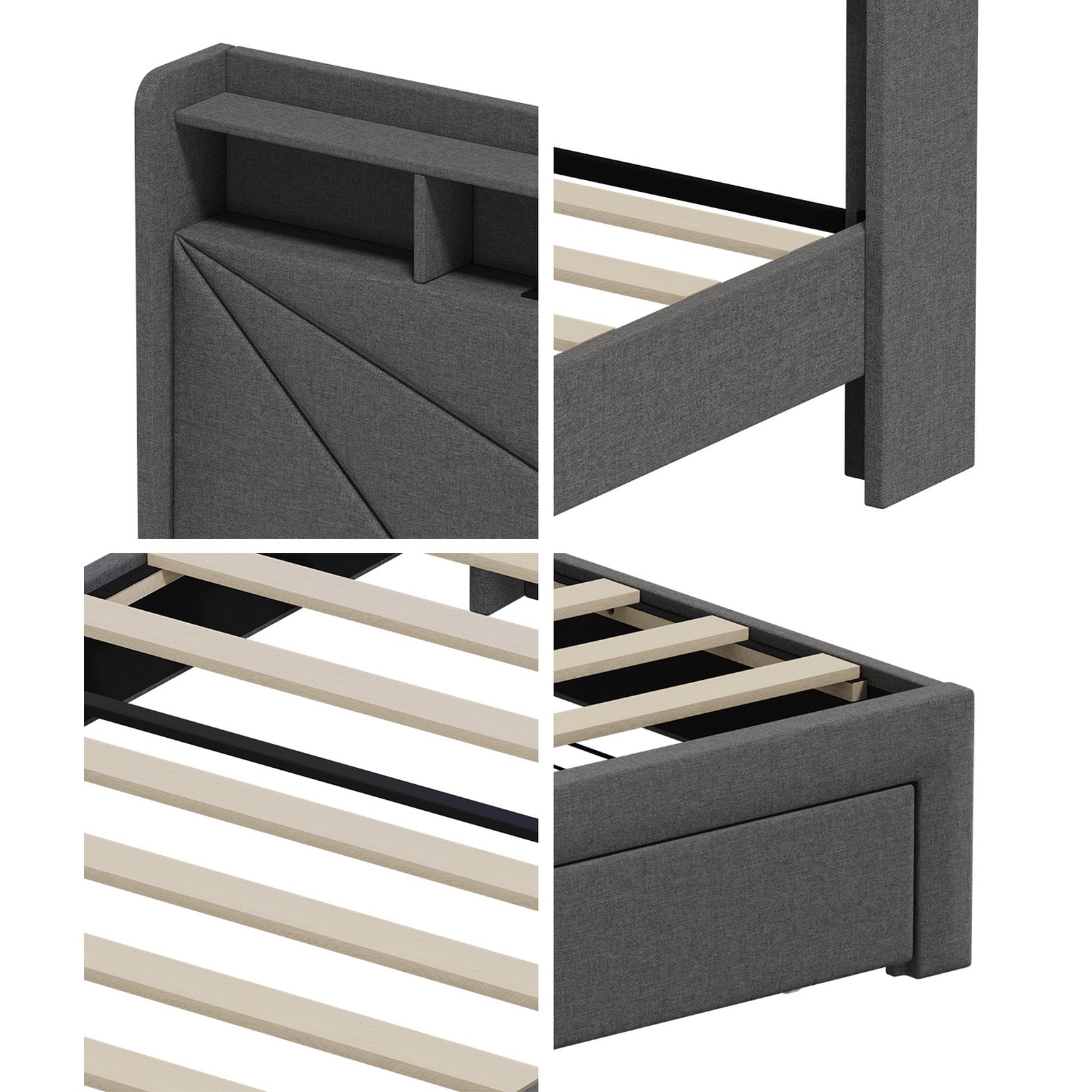 Oikiture Bed Frame King Sinlge LED Storge Headboard With USB Charging & Drawers