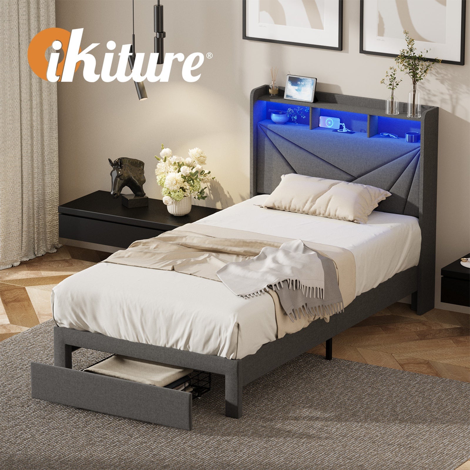 Oikiture Bed Frame King Sinlge LED Storge Headboard With USB Charging & Drawers