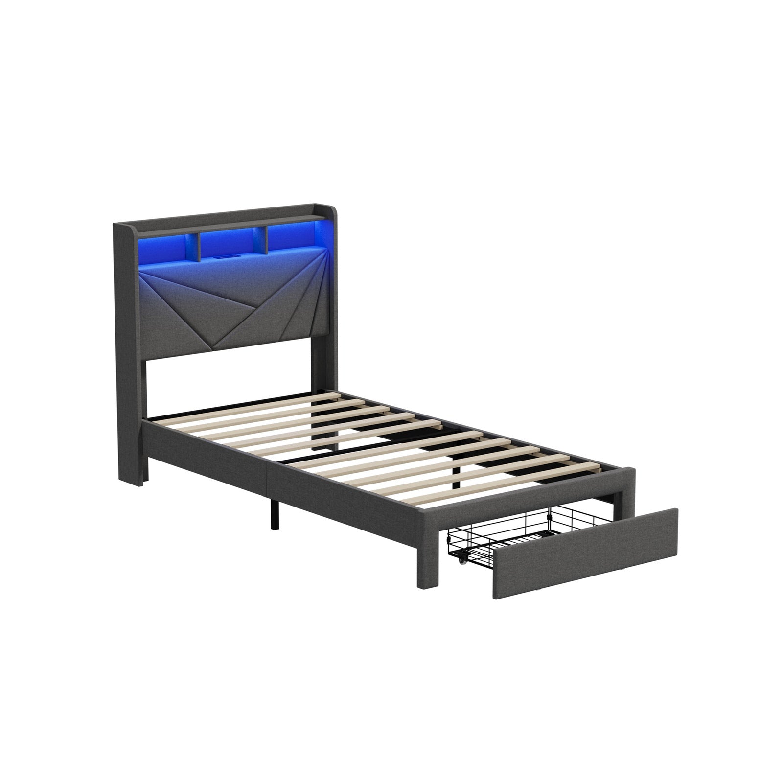 Oikiture Bed Frame King Sinlge LED Storge Headboard With USB Charging & Drawers