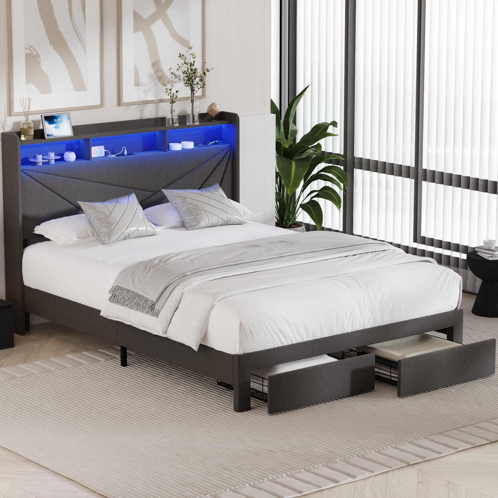 Oikiture Bed Frame Queen Size LED Storge Headboard With USB Charging & Drawers