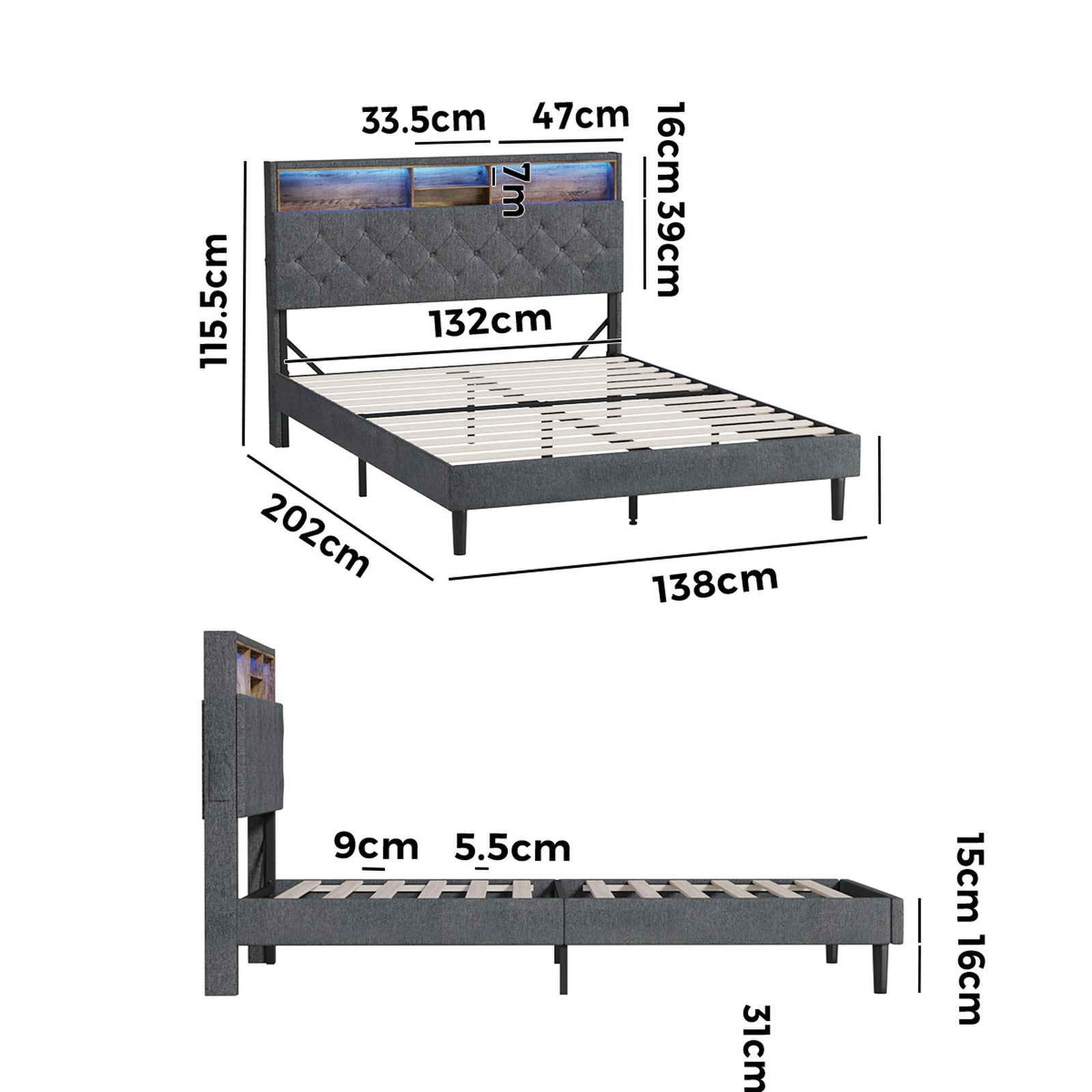 Oikiture Bed Frame Double Size Beds Base with LED Storage Bedhead NOVI - Sunyee