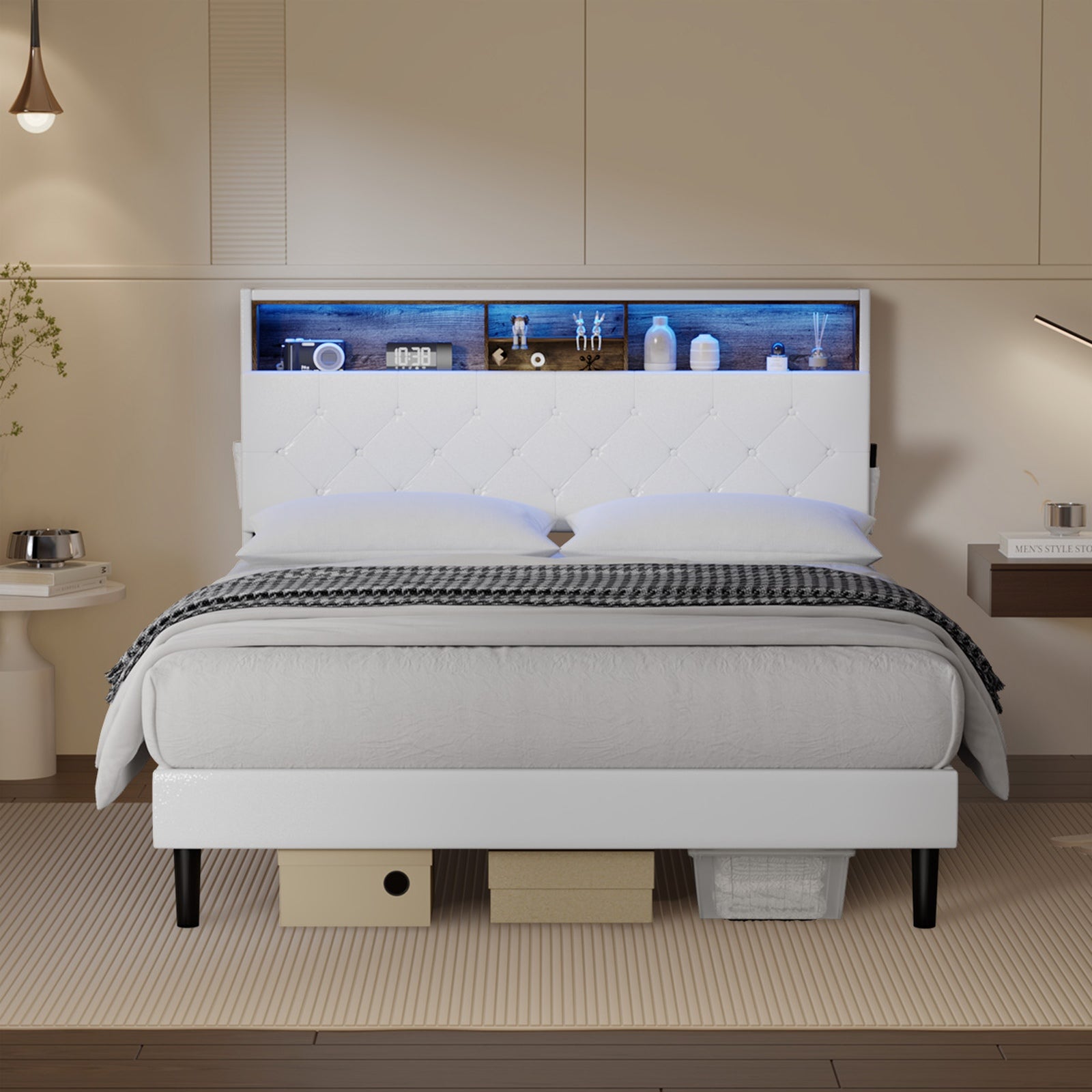 Oikiture Bed Frame Double Size Platform Beds with LED Storage Bedhead NOVI