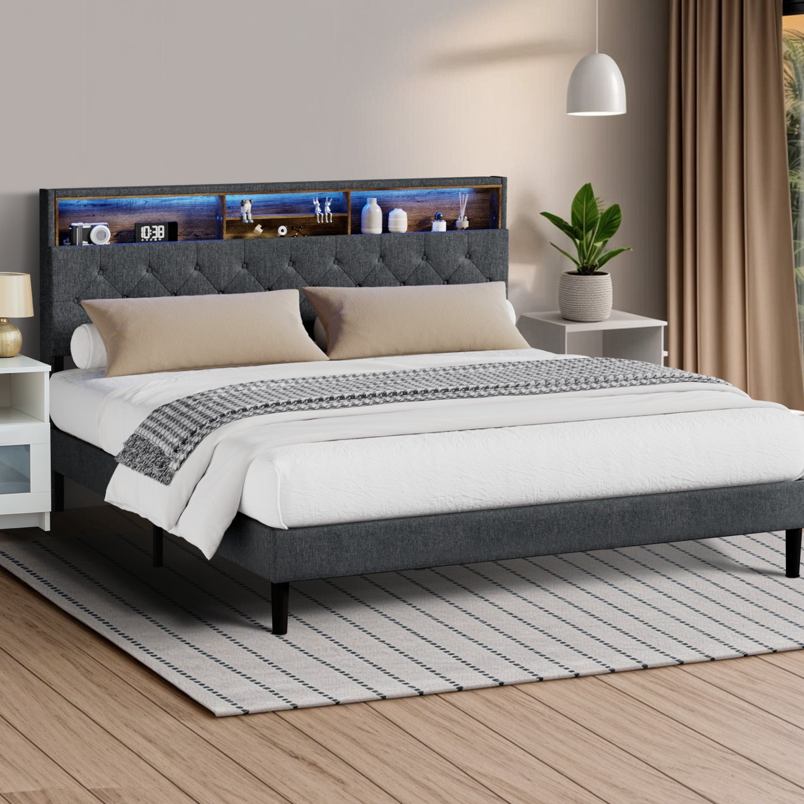 Oikiture Bed Frame King Size Beds Base with LED Storage Bedhead NOVI - Sunyee