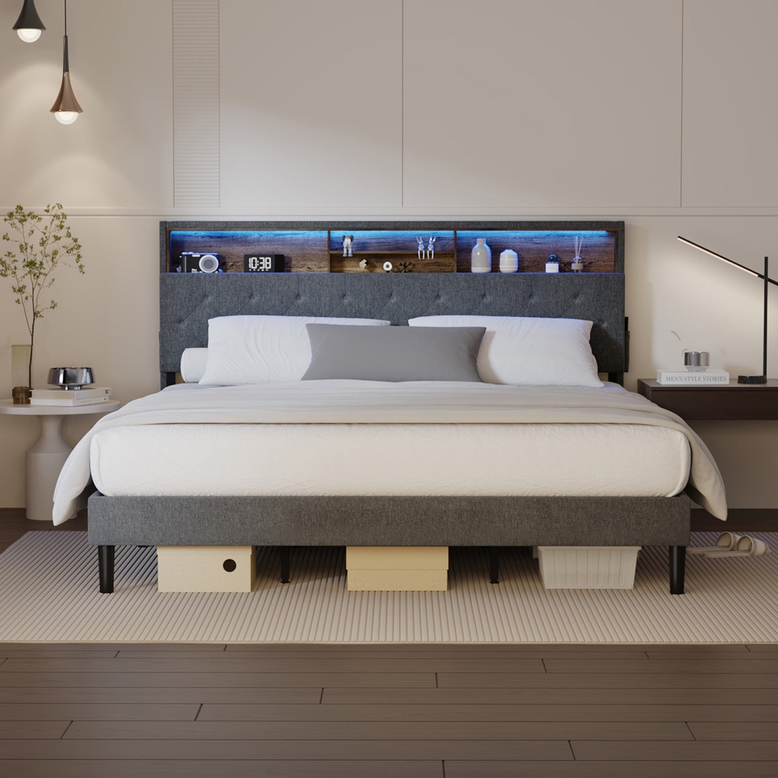 Oikiture Bed Frame King Size Beds Base with LED Storage Bedhead NOVI - Sunyee