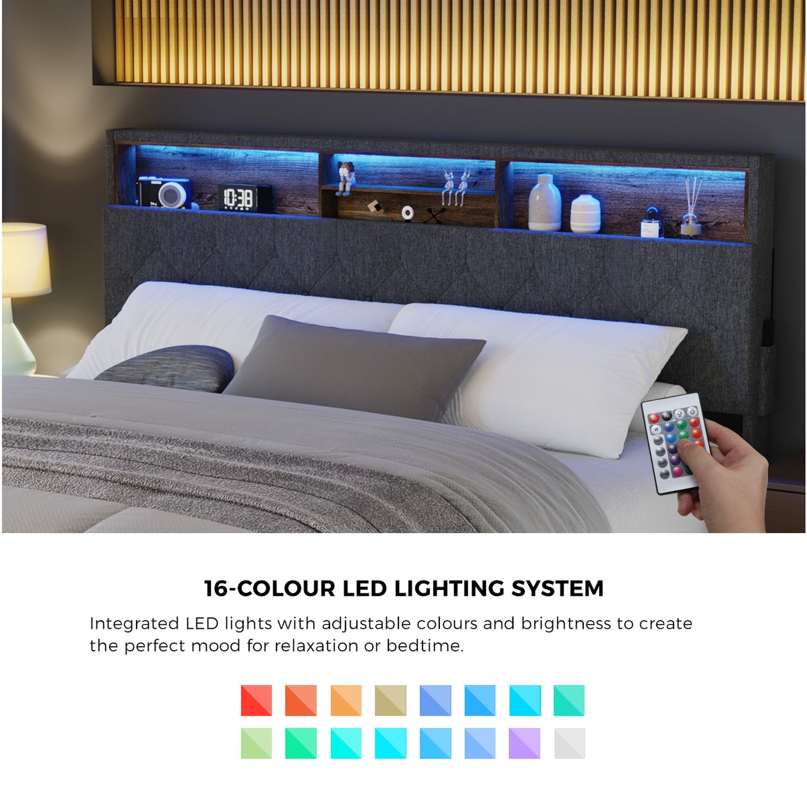 Oikiture Bed Frame King Size Beds Base with LED Storage Bedhead NOVI - Sunyee