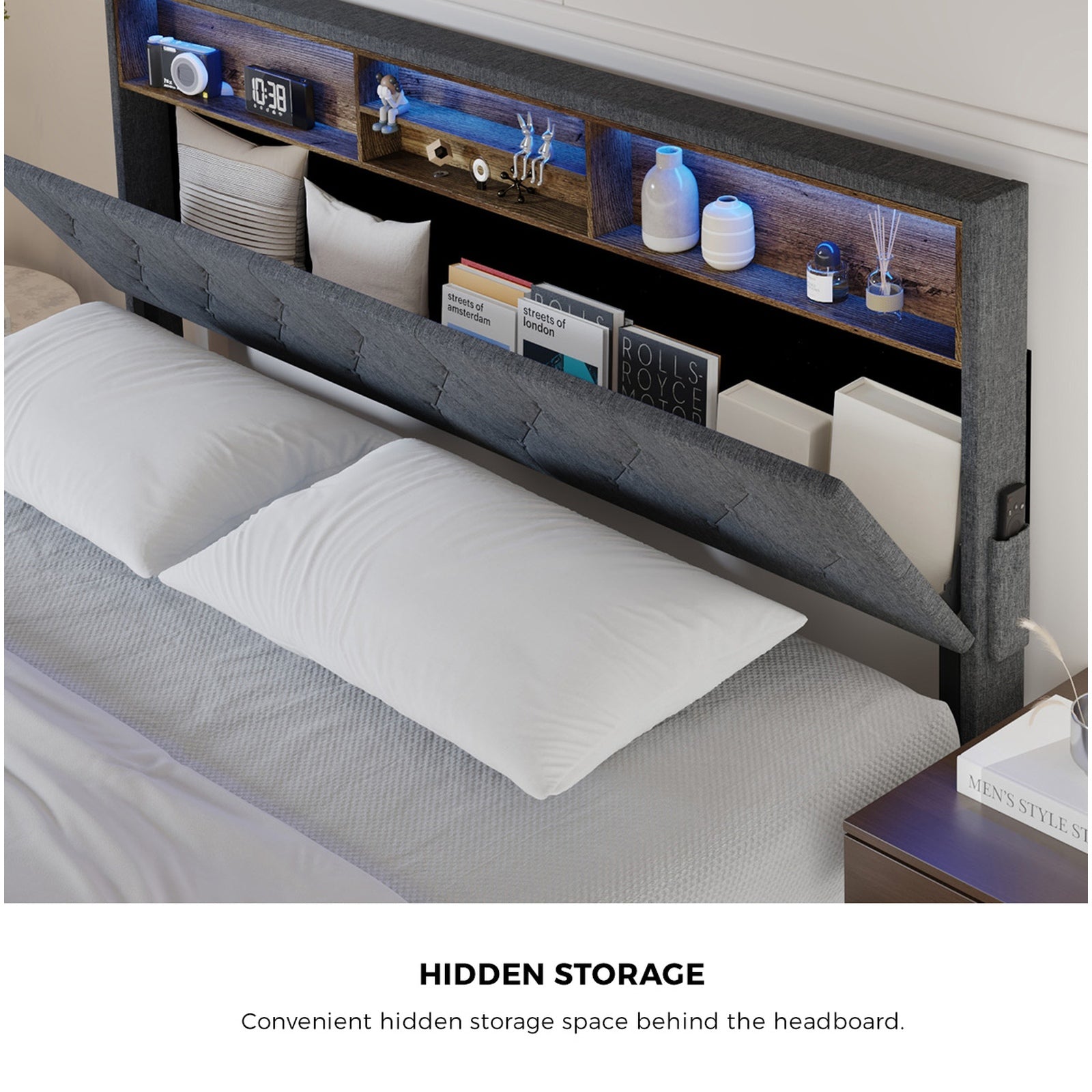 Oikiture Bed Frame King Size Beds Base with LED Storage Bedhead NOVI - Sunyee