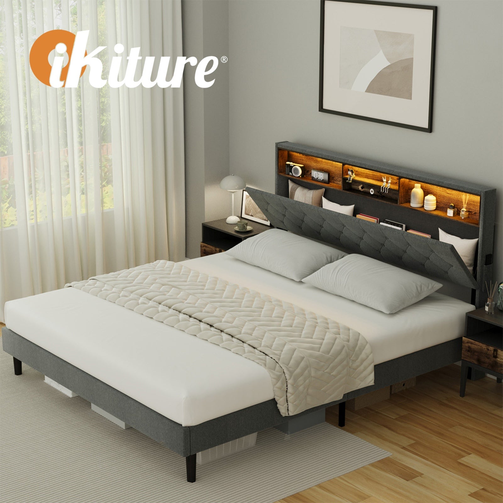 Oikiture Bed Frame King Size Beds Base with LED Storage Bedhead NOVI - Sunyee