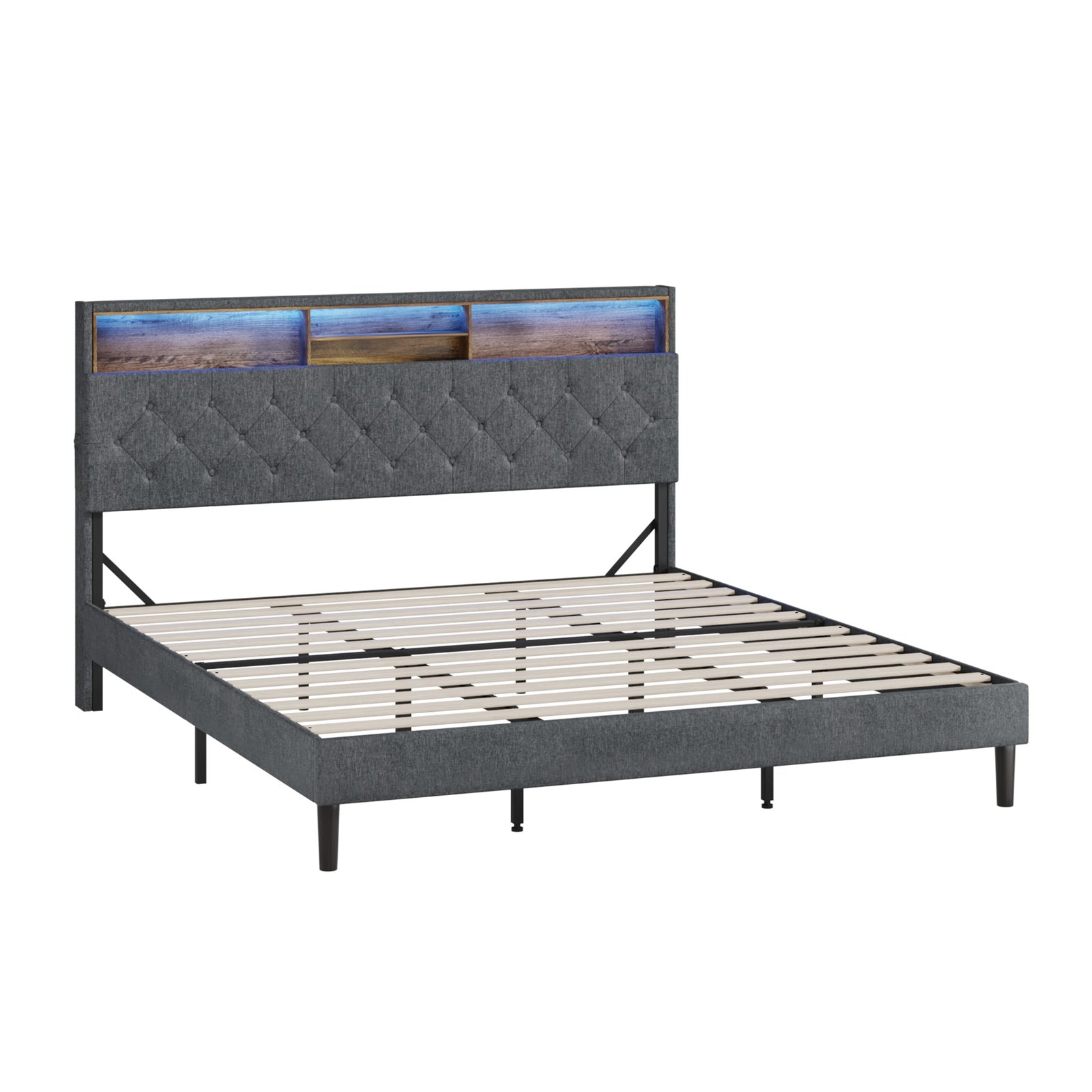 Oikiture Bed Frame King Size Beds Base with LED Storage Bedhead NOVI - Sunyee