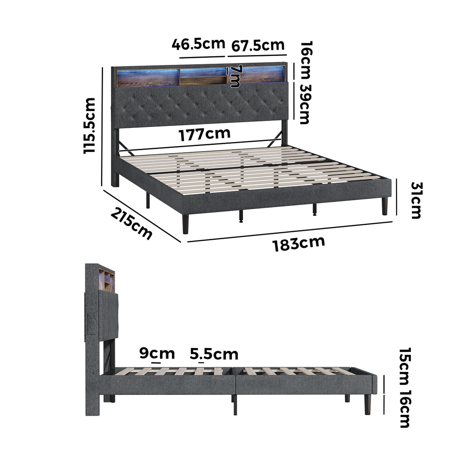 Oikiture Bed Frame King Size Beds Base with LED Storage Bedhead NOVI - Sunyee