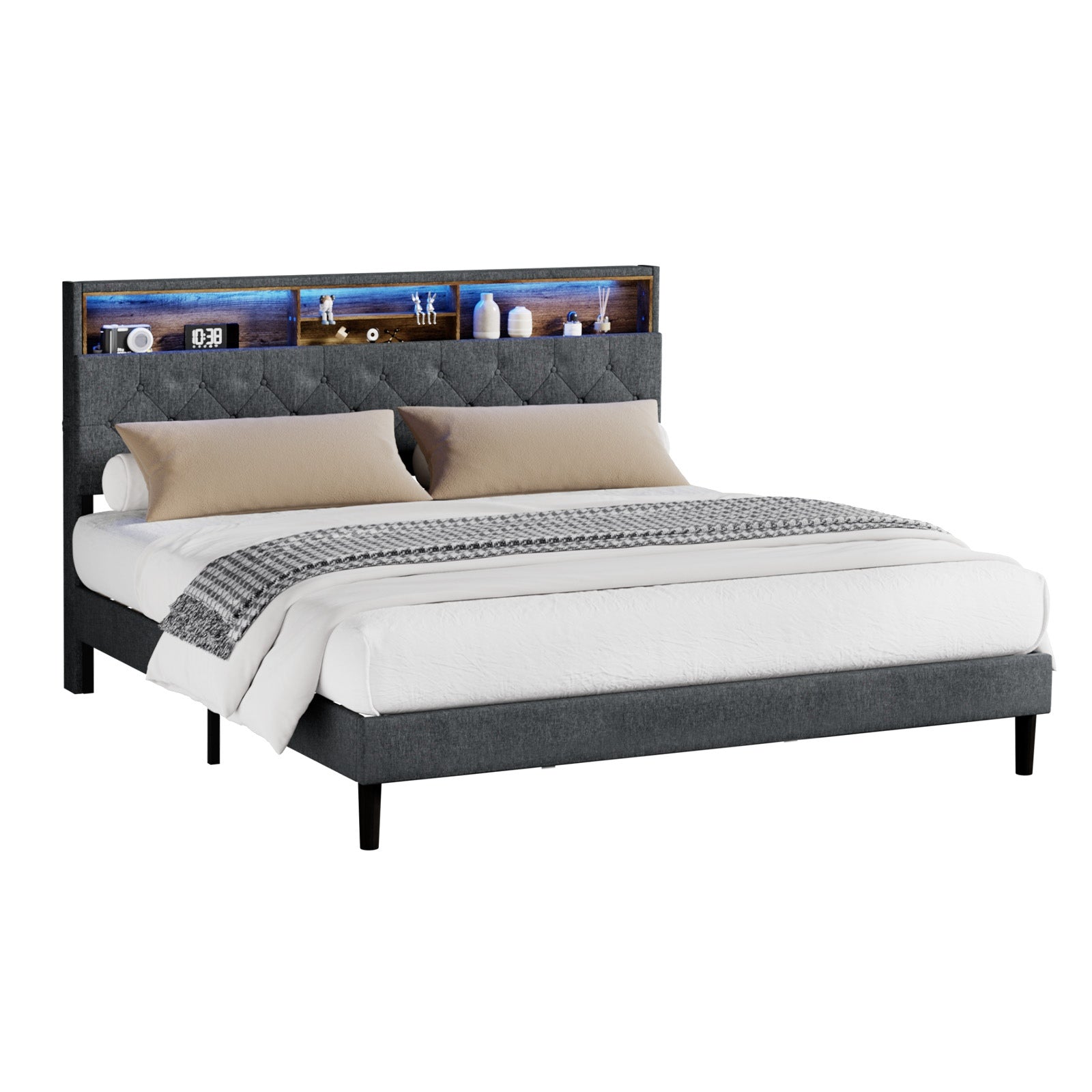 Oikiture Bed Frame King Size Beds Base with LED Storage Bedhead NOVI - Sunyee