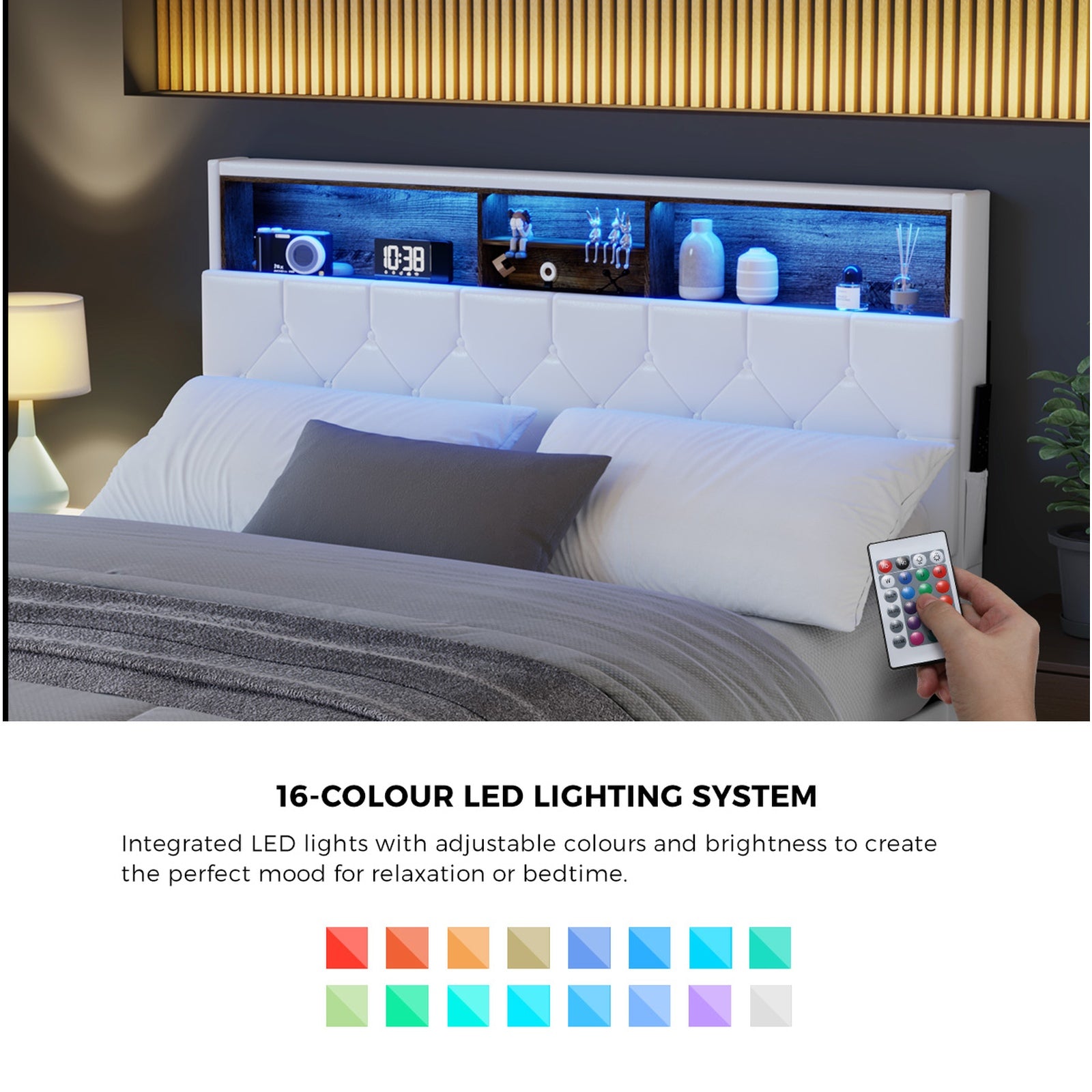 Oikiture Bed Frame King Size Platform Beds with LED Storage Bedhead NOVI