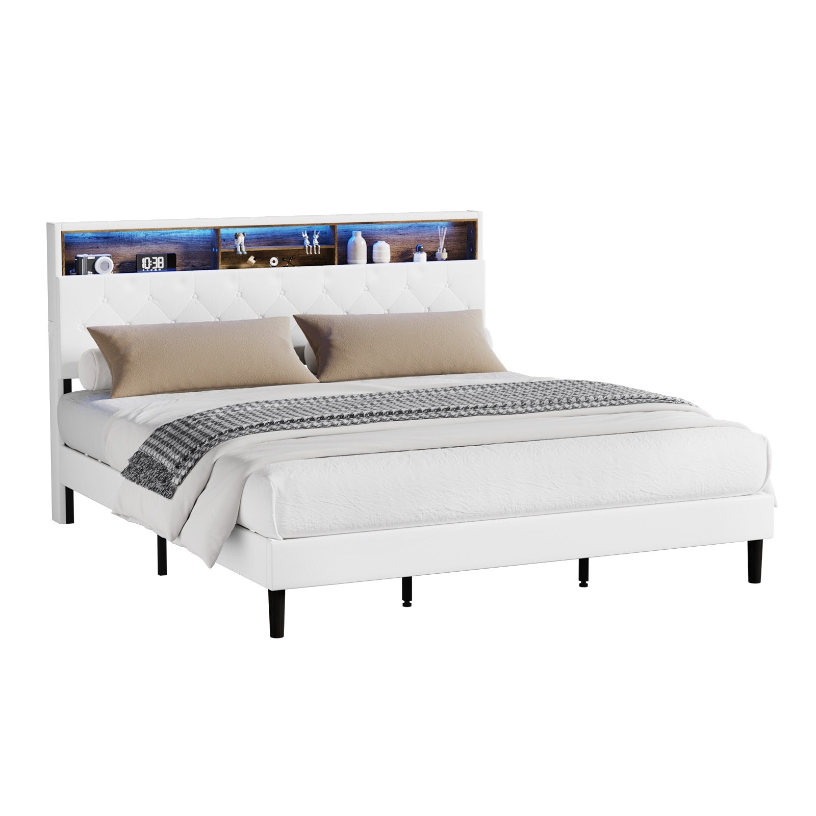 Oikiture Bed Frame King Size Platform Beds with LED Storage Bedhead NOVI